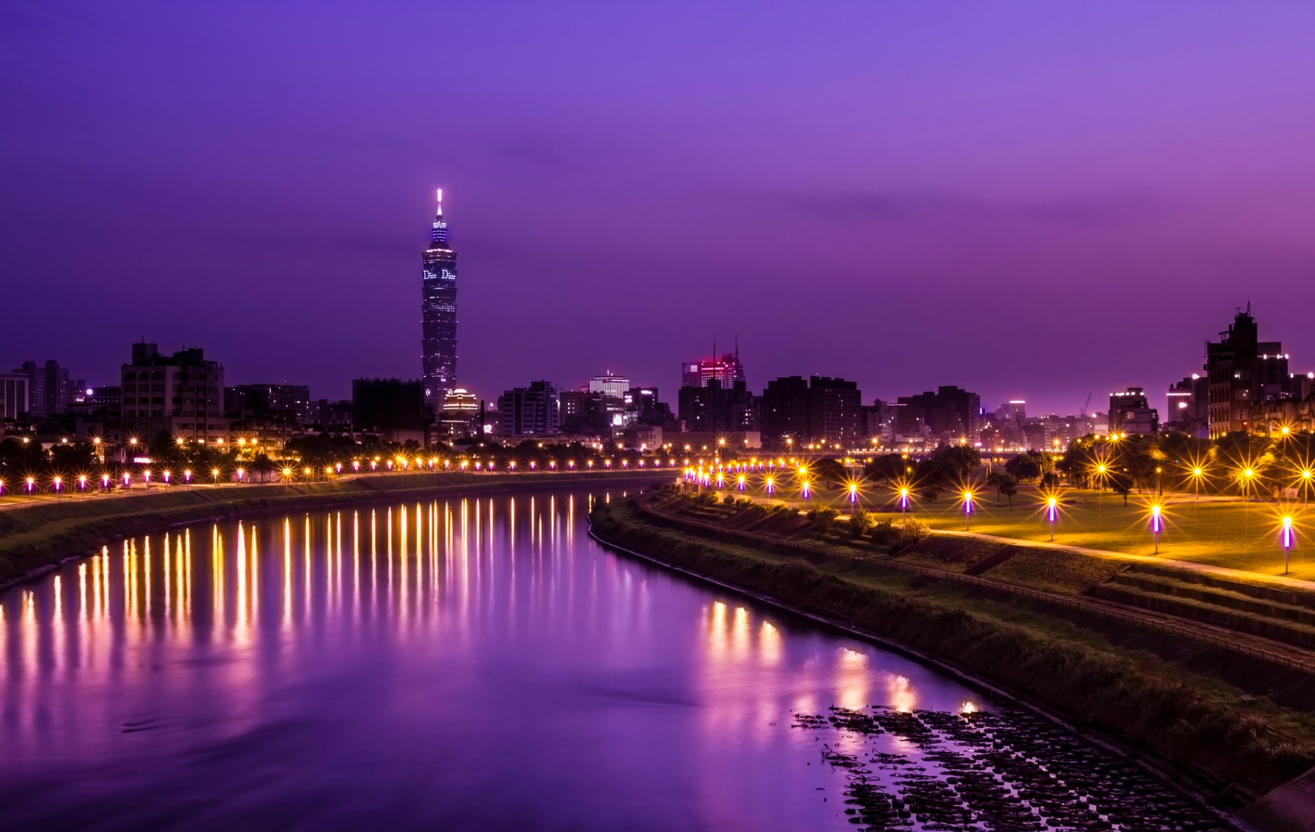 china taiwan taipei town tower night lilac purple sky alley light lights lamps river reflection
