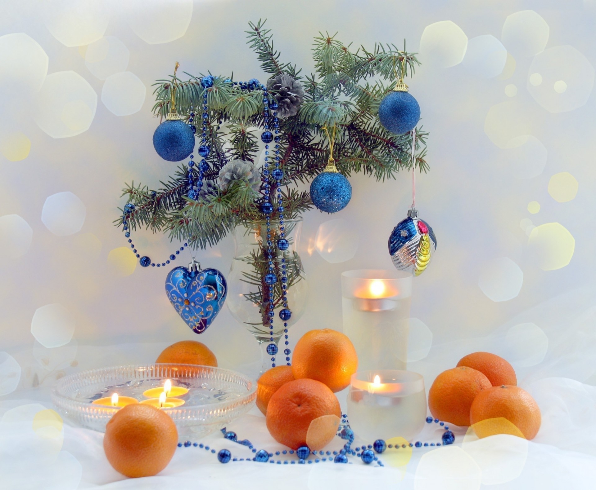 christmas tree new year fruits holiday candles heart blue mandarins branches christmas decoration bucket table skewers flowers