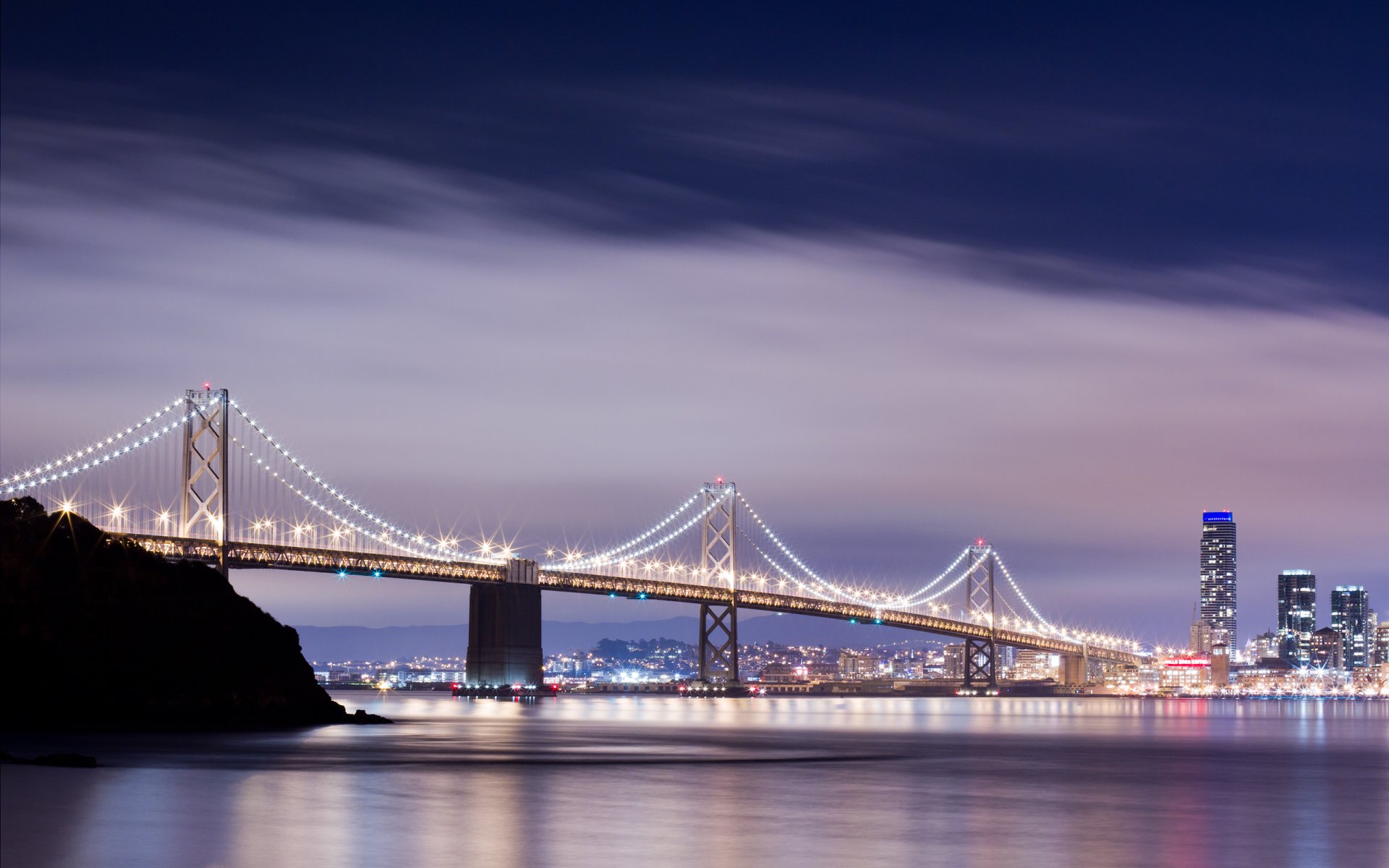 san francisco town bridge river lights water reflection sky clouds buildings house city bay bridge houses 2560x1600
