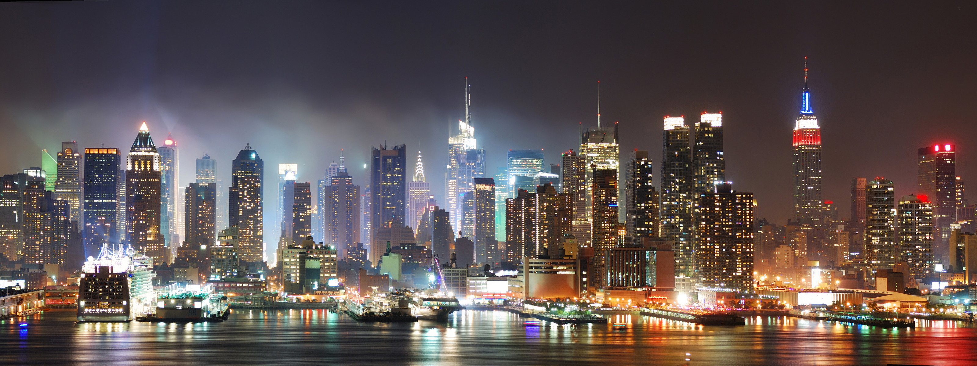 3200x1200 new york city america states house water ocean sea lights light sky new yourk united states usa u.s.a. night photos