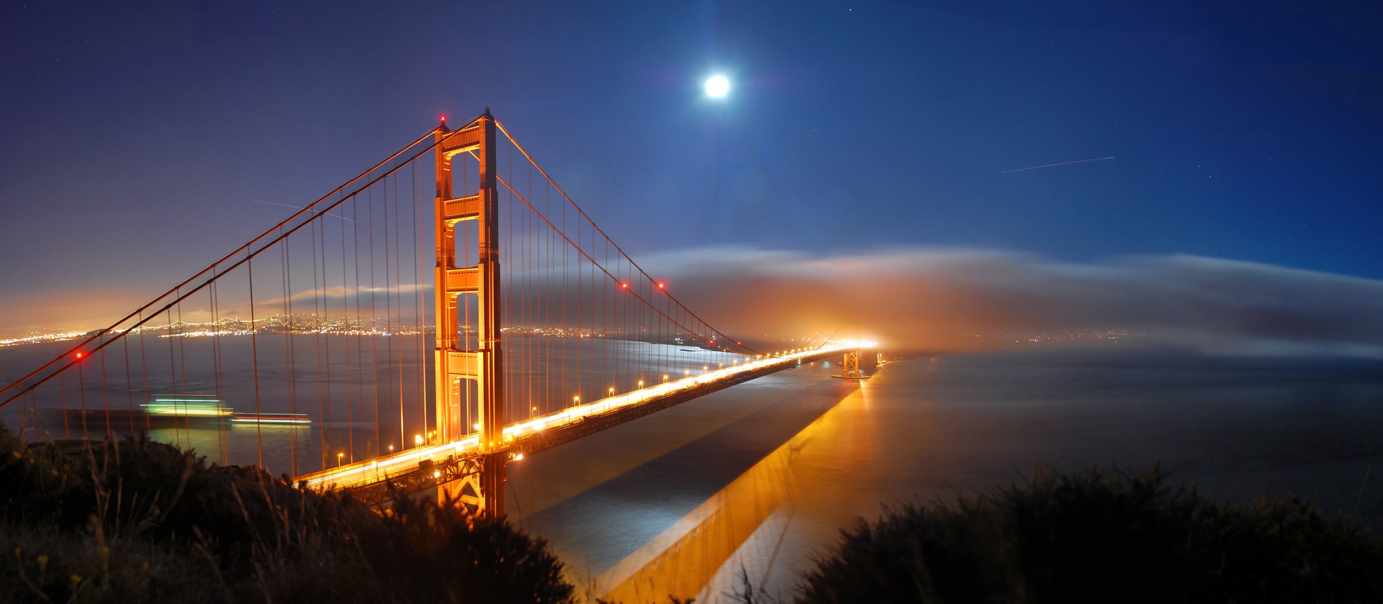 cities america united states states views places bridges night moon year water sea ocean lights light panorama of san francisco san francisco golden gates golden gate