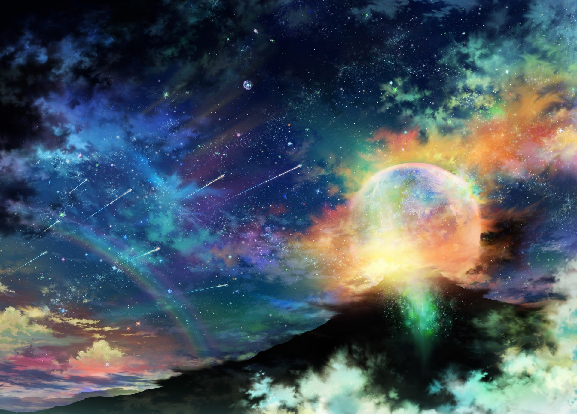 art tsujiki planet night star clouds rainbow sky mountain