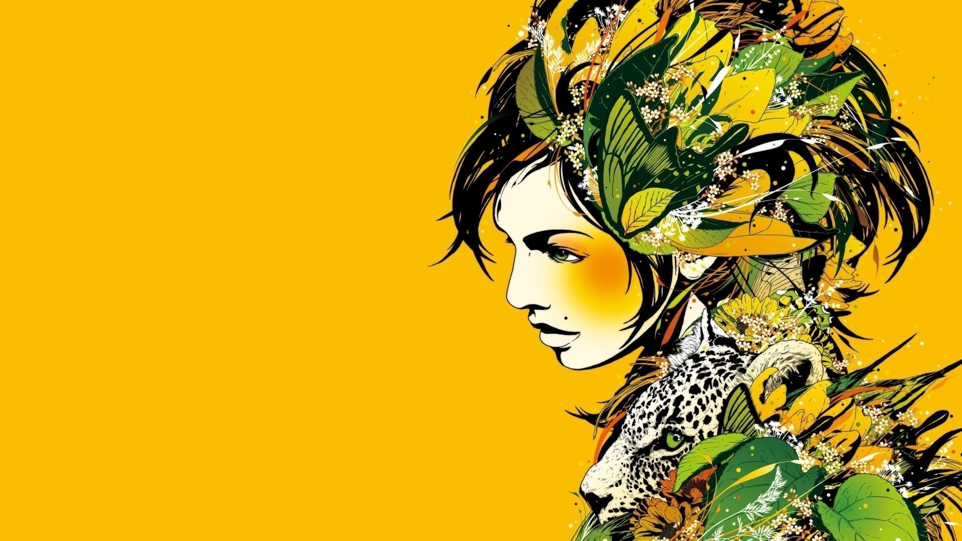 Drawing of a girl with high contrast and in bright colors, decorated with butterflies, flowers and the head of a snow leopard