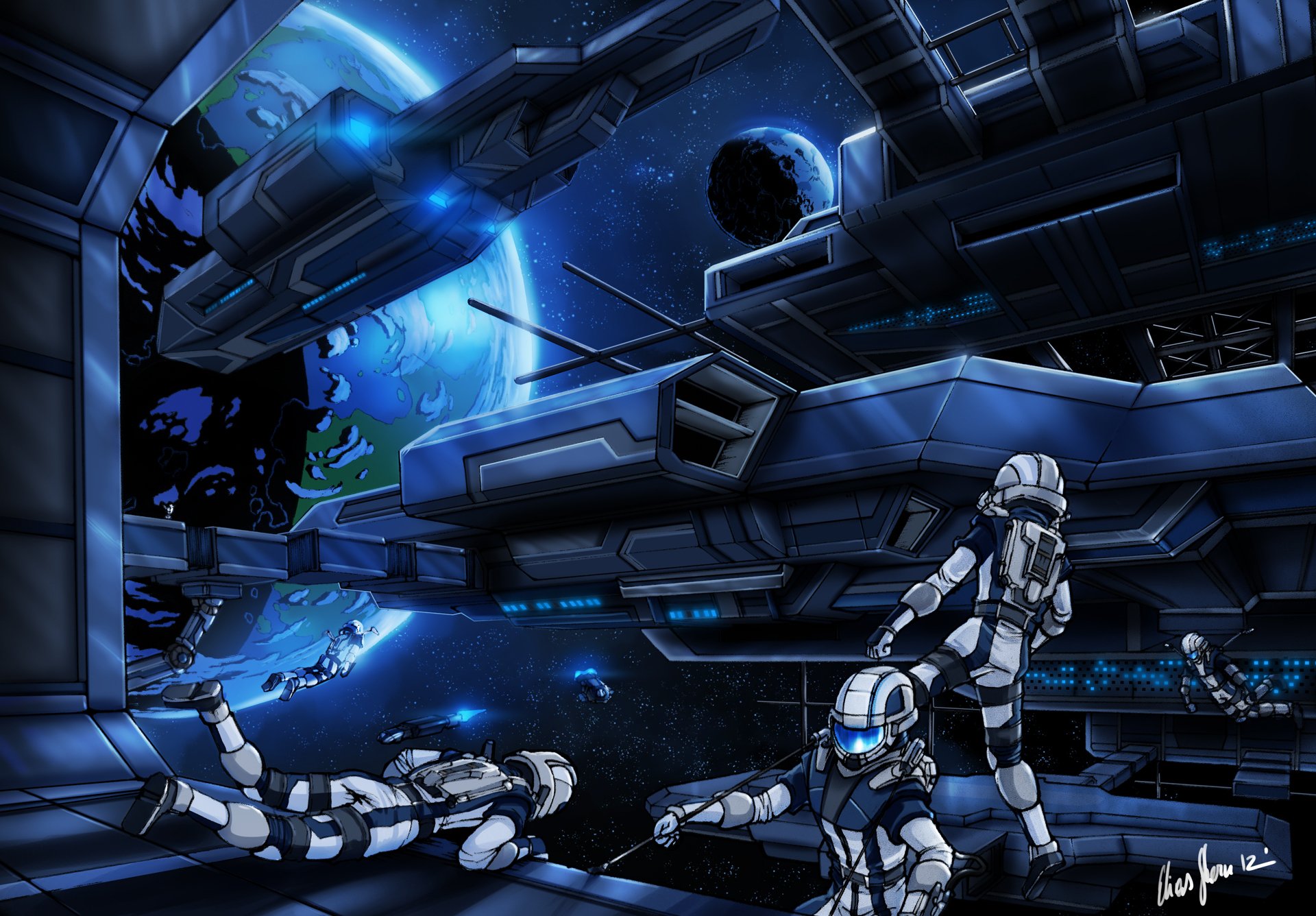 space orbit ship robots land fiction art