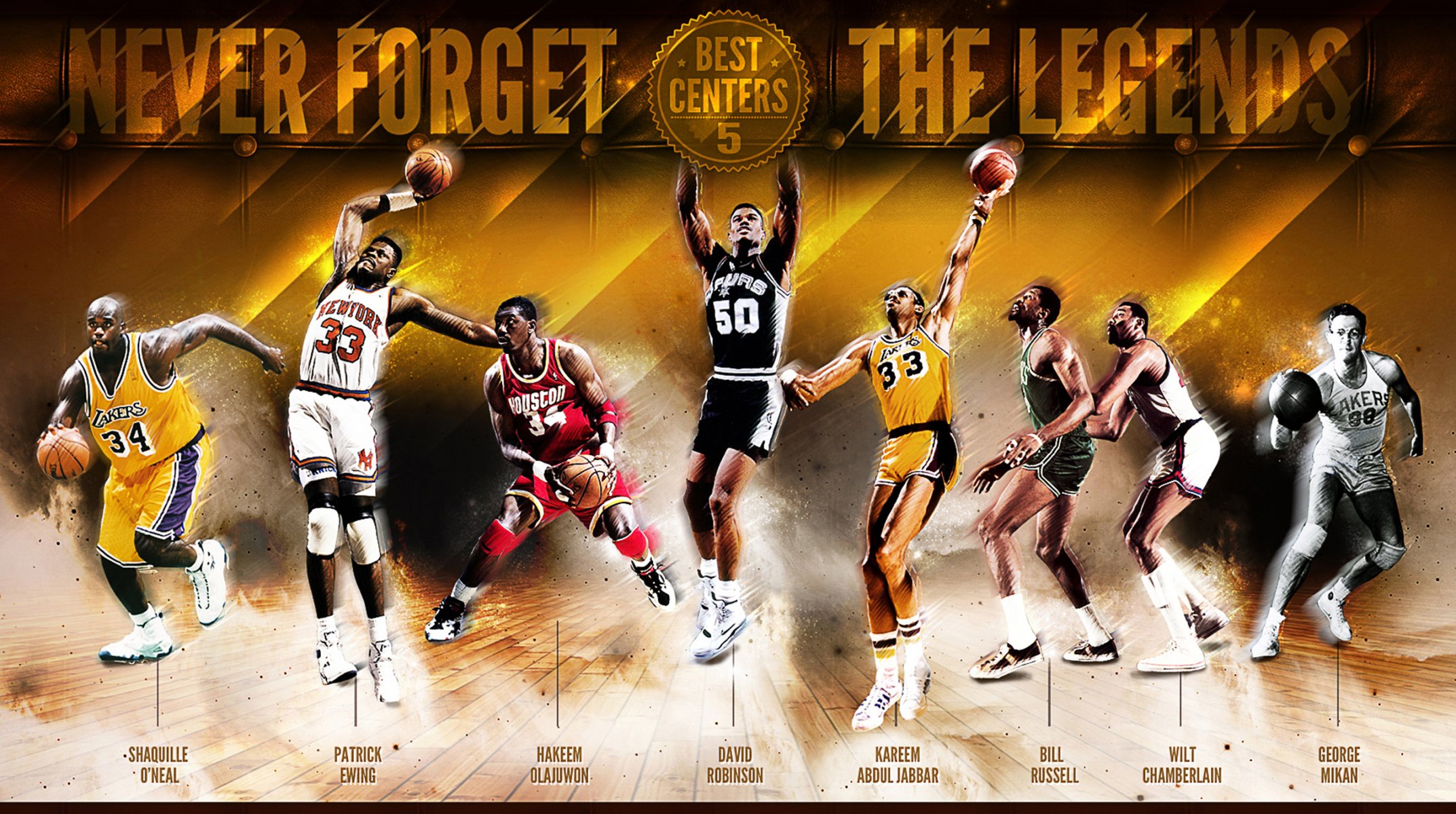 basketball sports nba legends shaquille o'neal patrick ewing hakeem olajuwon kareem abdul jabbar bill russell wilt chamberlain george mikan