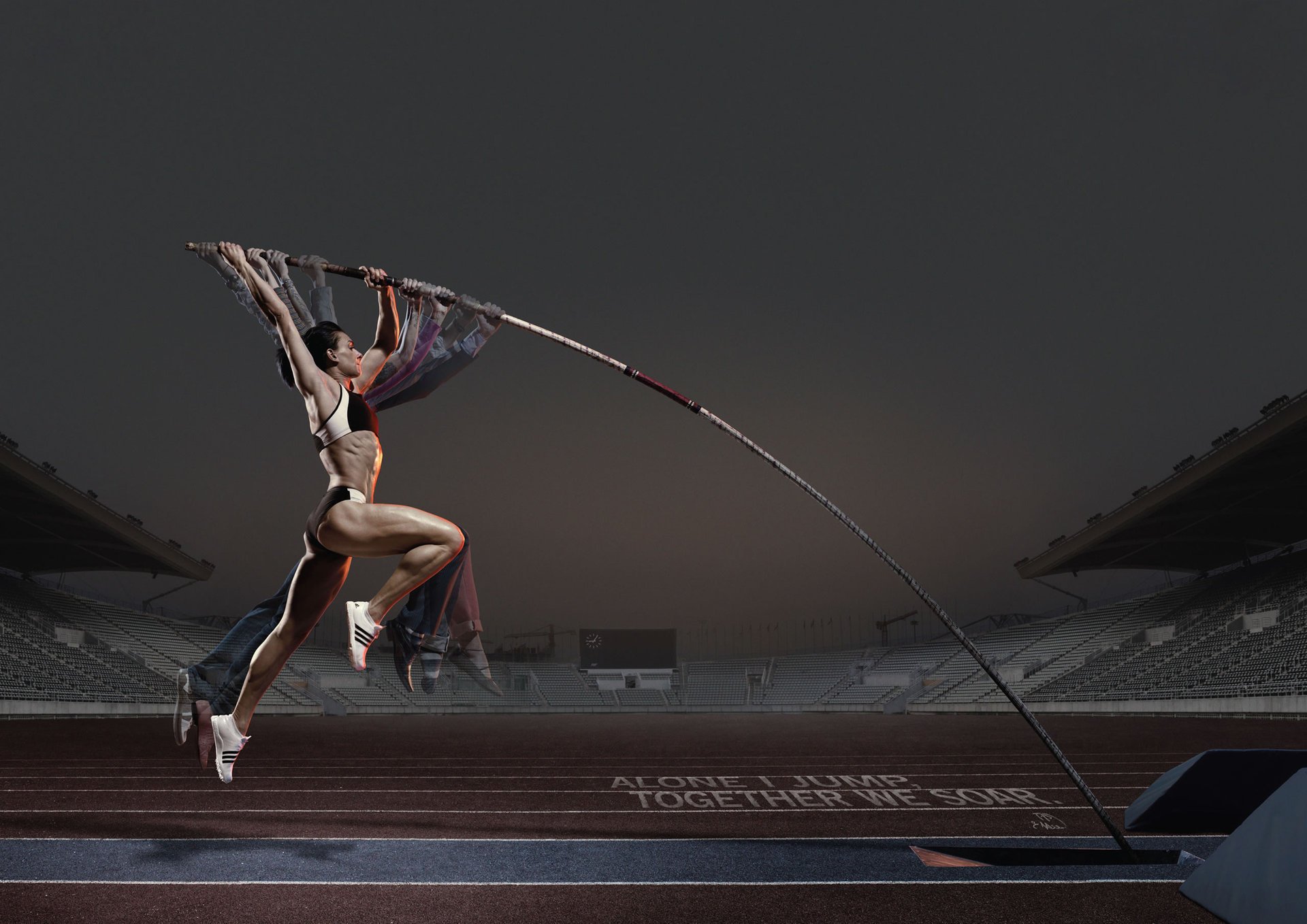 A female athlete with a pole starts jumping