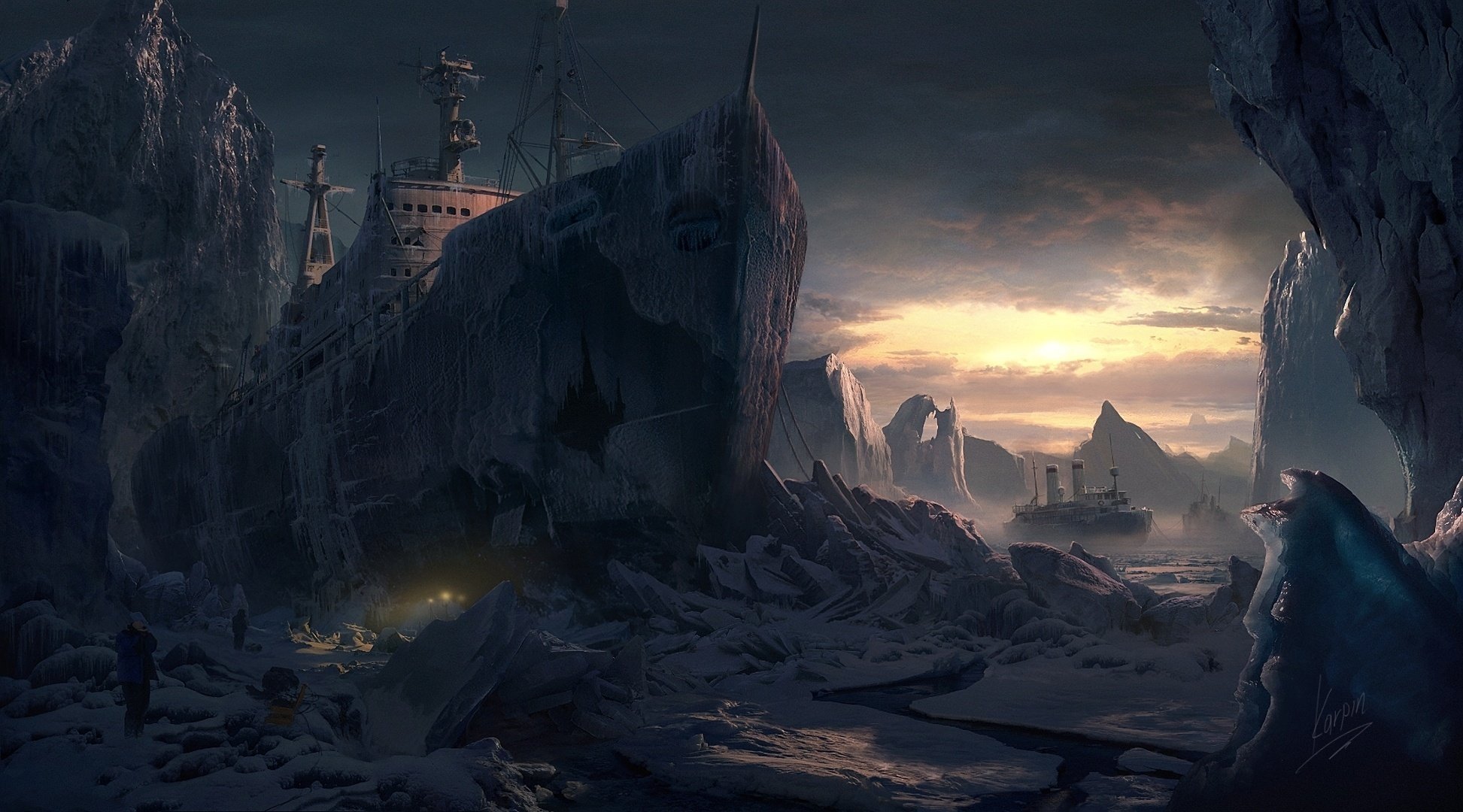 A sunken old ship in the middle of glaciers