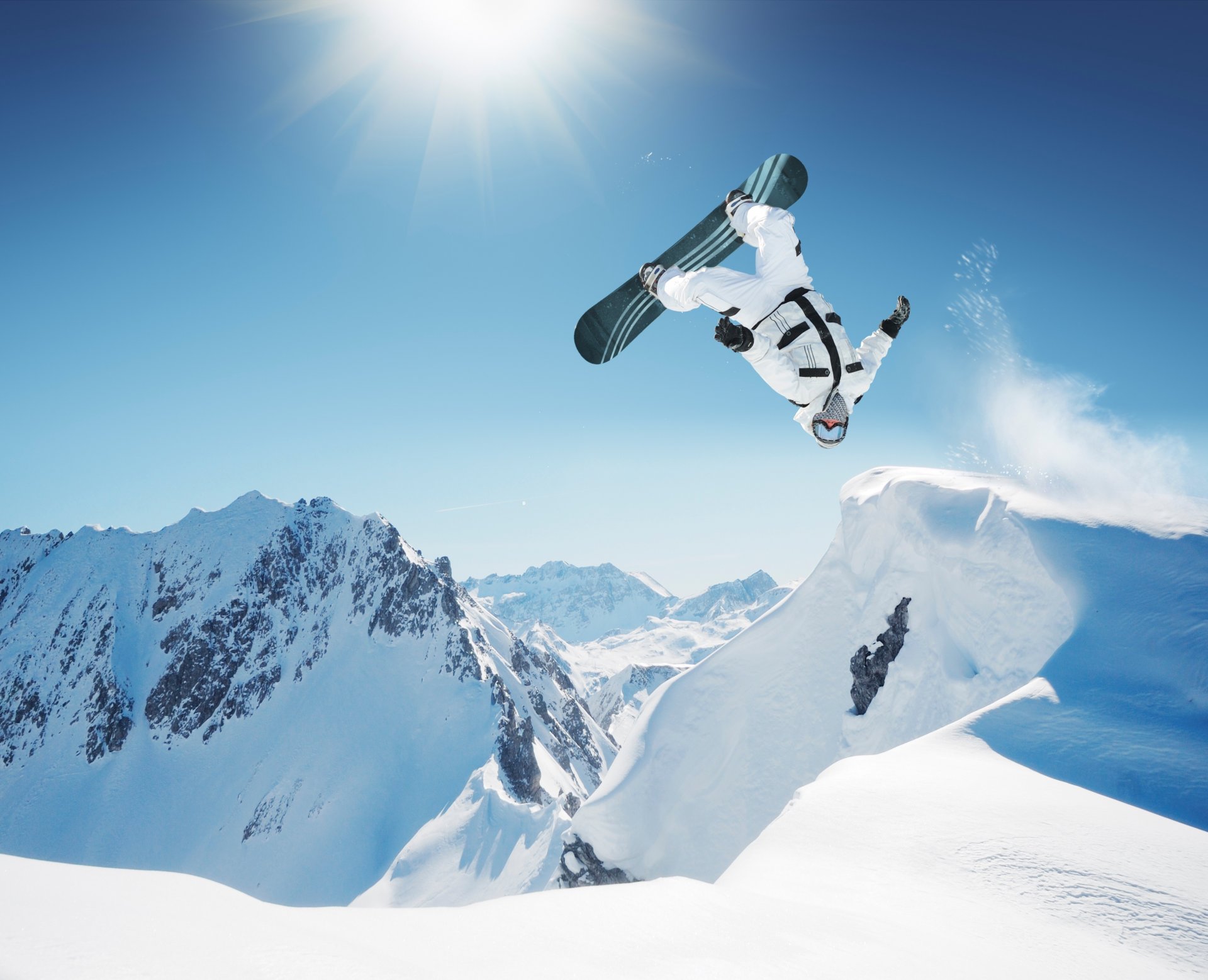 snowboarding sports jump board winter snow nature sunglasses mountain sky clouds sun flip wallpaper