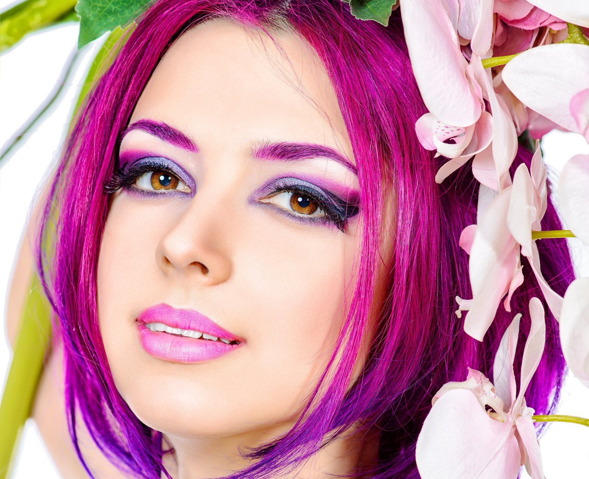 girl model make-up view bright hair eyebrow lips flower petals