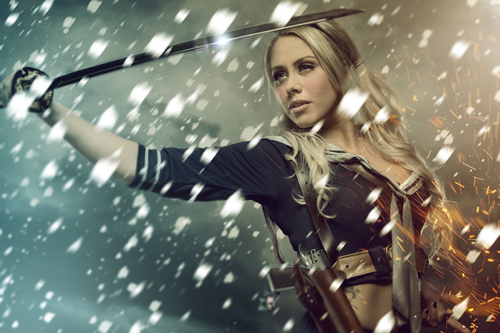 sucker punch prohibited reception cosplay photoshop dolly girl blonde gun holster katana