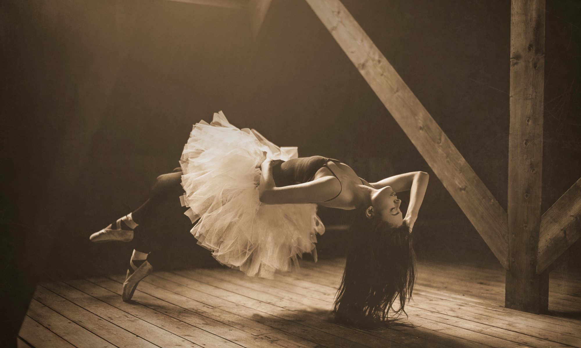 sepia girl ballerina attic levitation