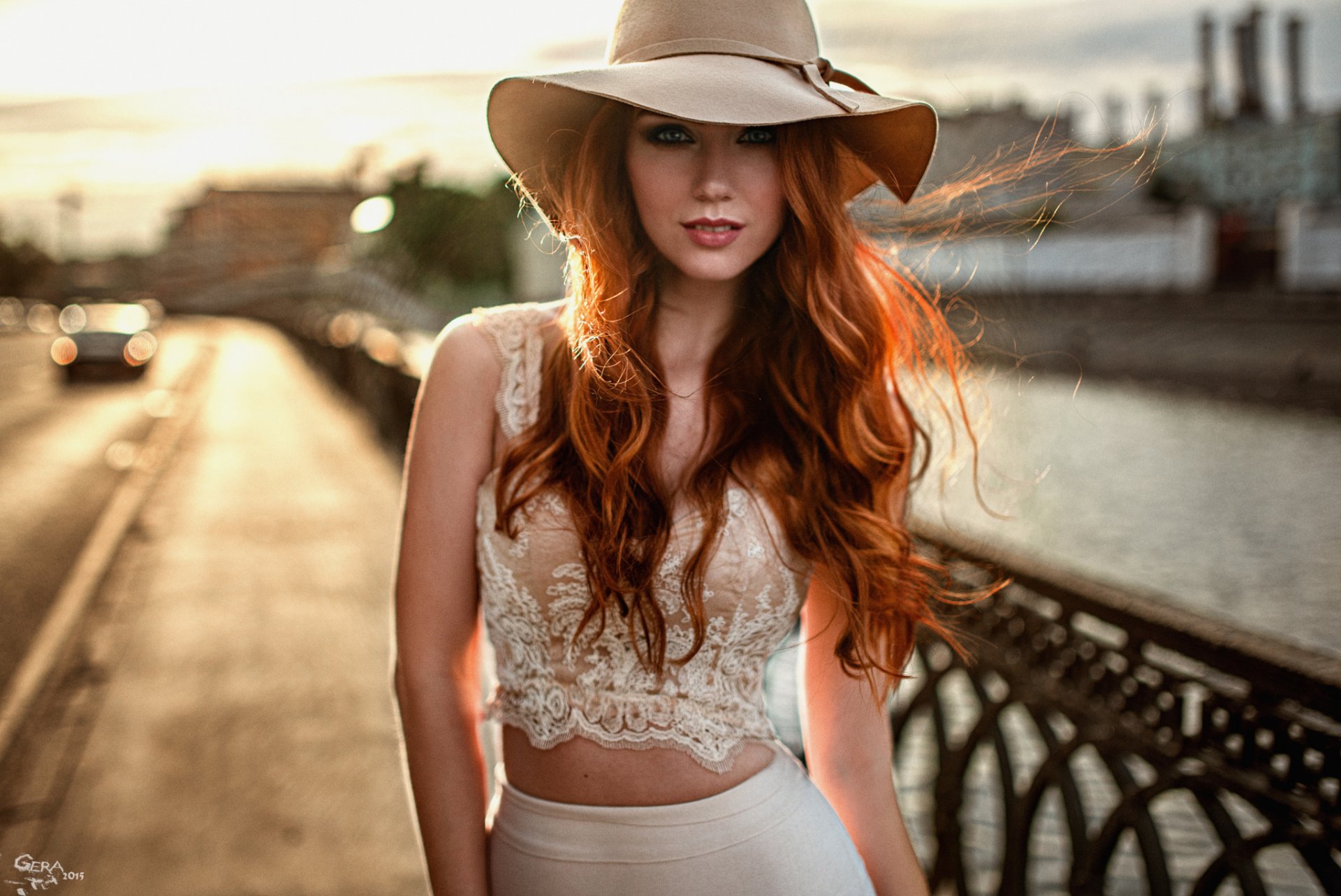 girl nadezhda neyasova red attractive beautiful hat jersey skirt bokeh george chernyad'ev portrait bridge town road machine light sun reflections view river