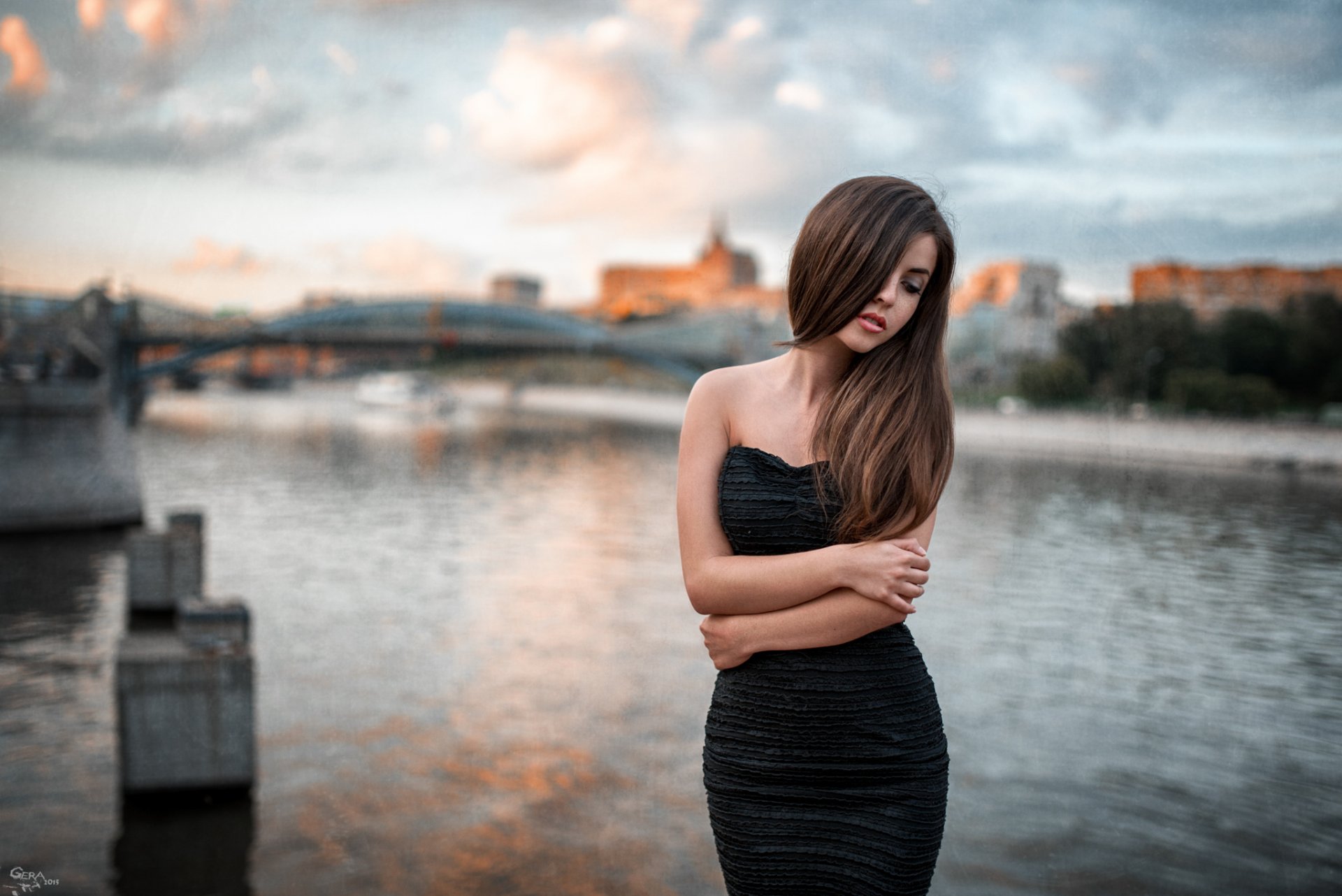 girl catherine assumption portrait dress black babe george chernyad'ev town river bridge brown hair hair mood pose