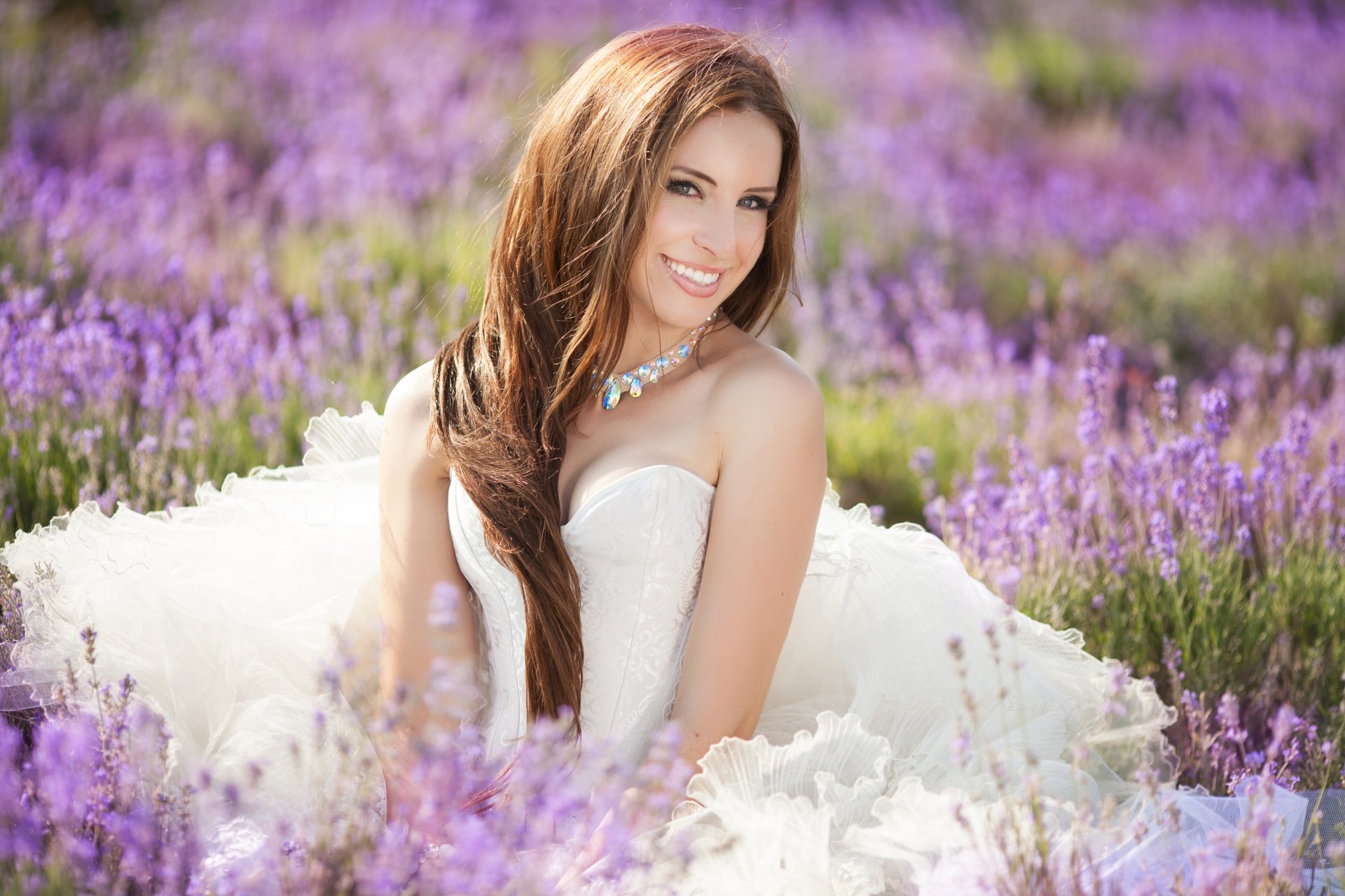 the field lavender flowers girl bride view smile field a look a smile