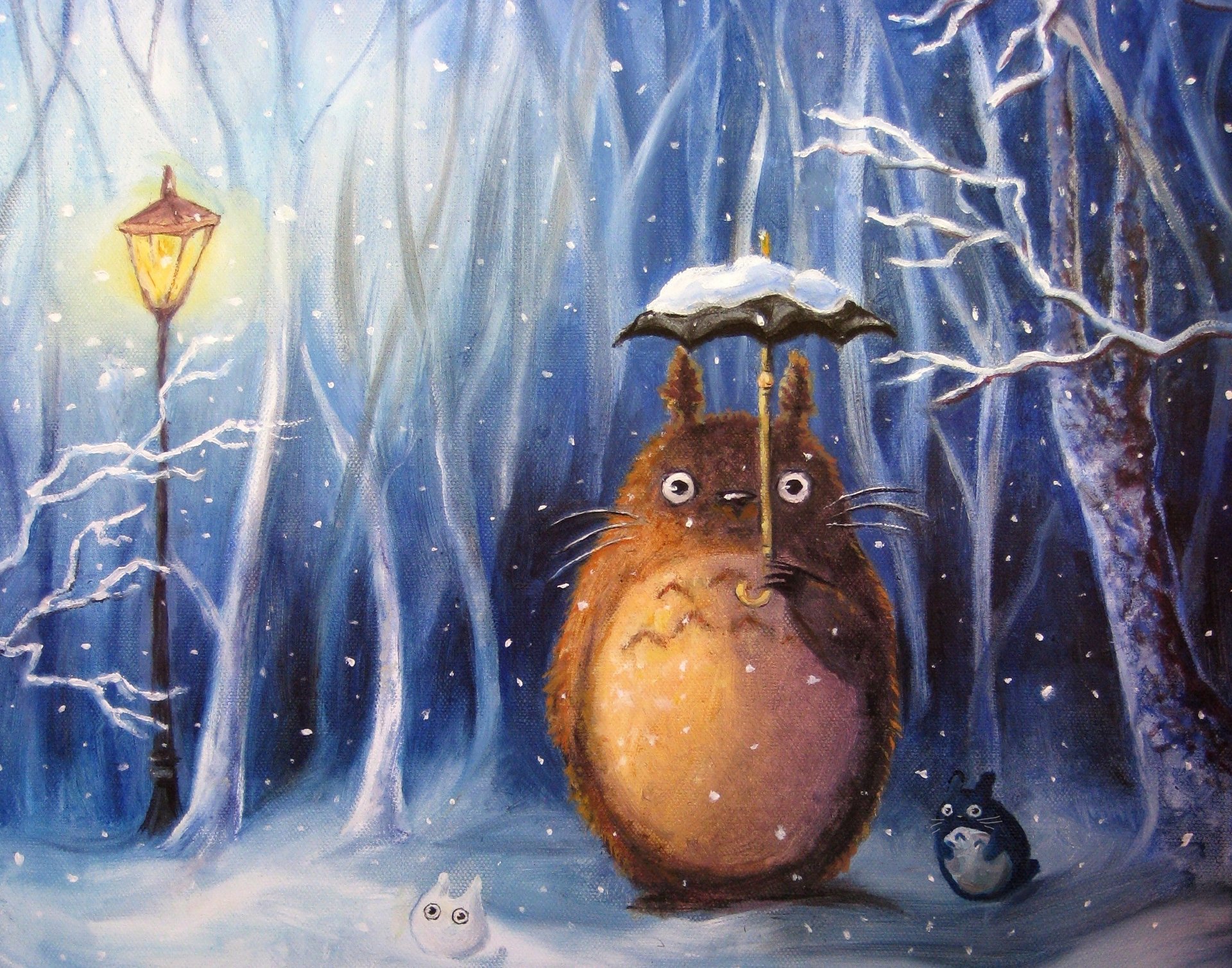 Totoro in the winter forest under an umbrella