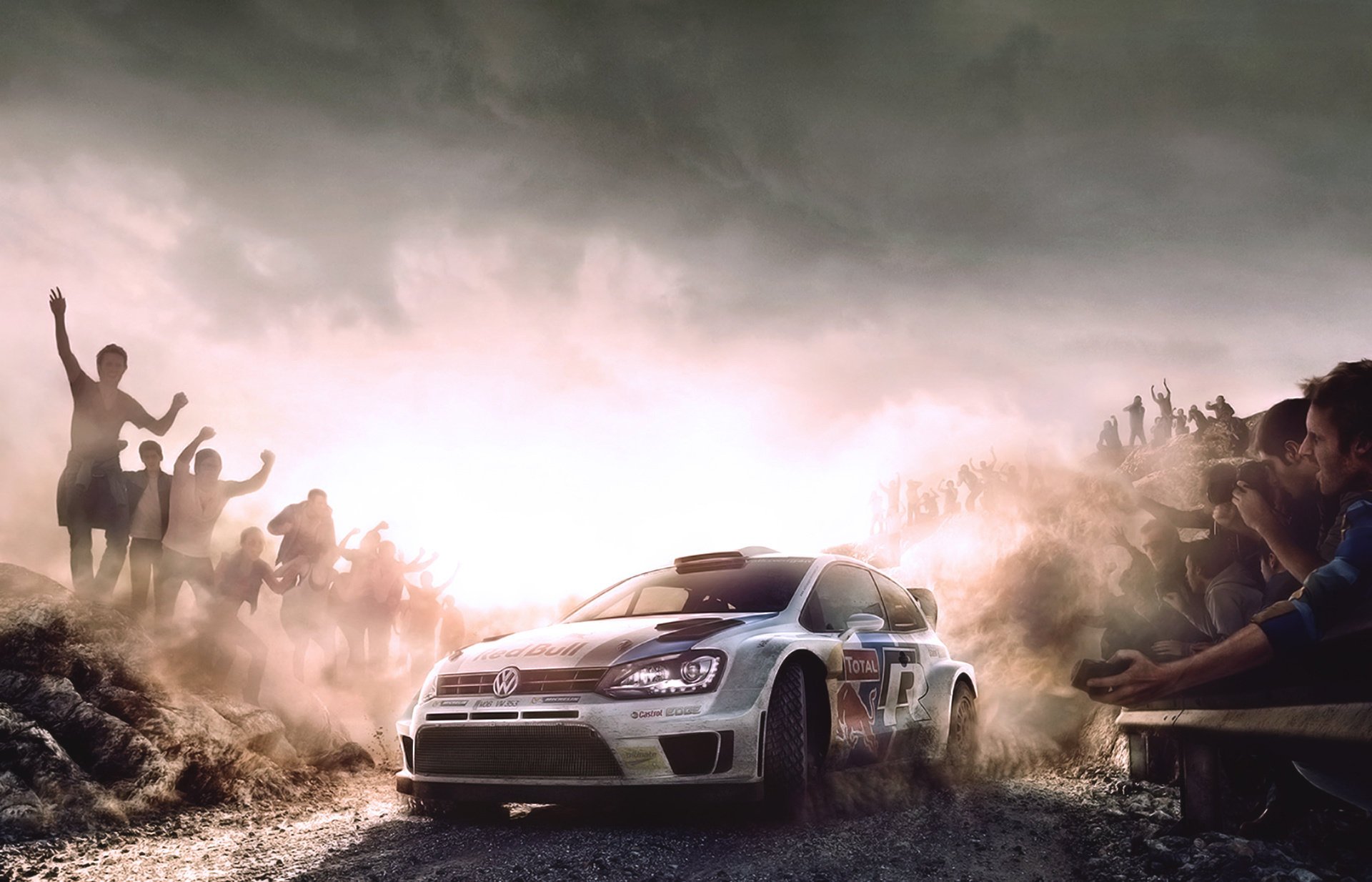 A photo at sunset of a volkswagen polo raising dust at a red bull rally
