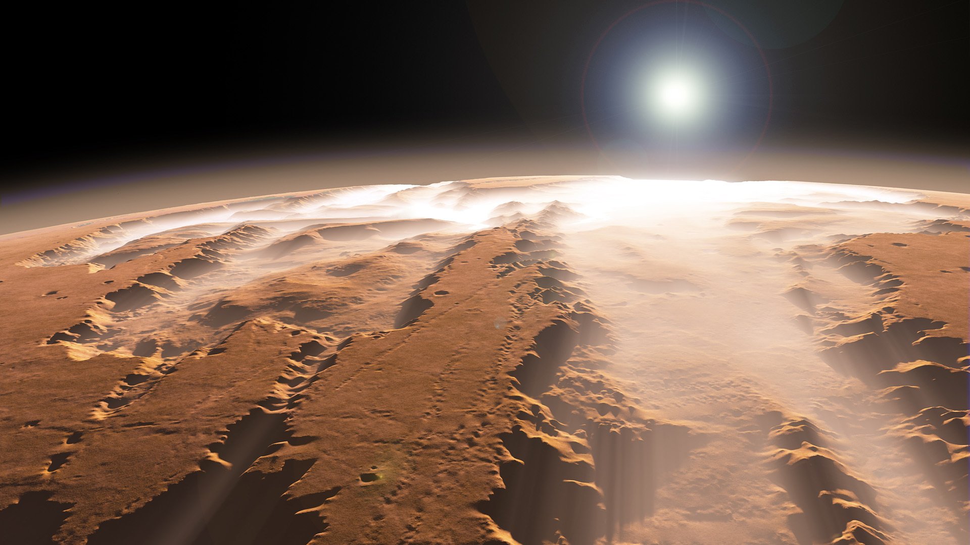 mars canyon sun fog planet