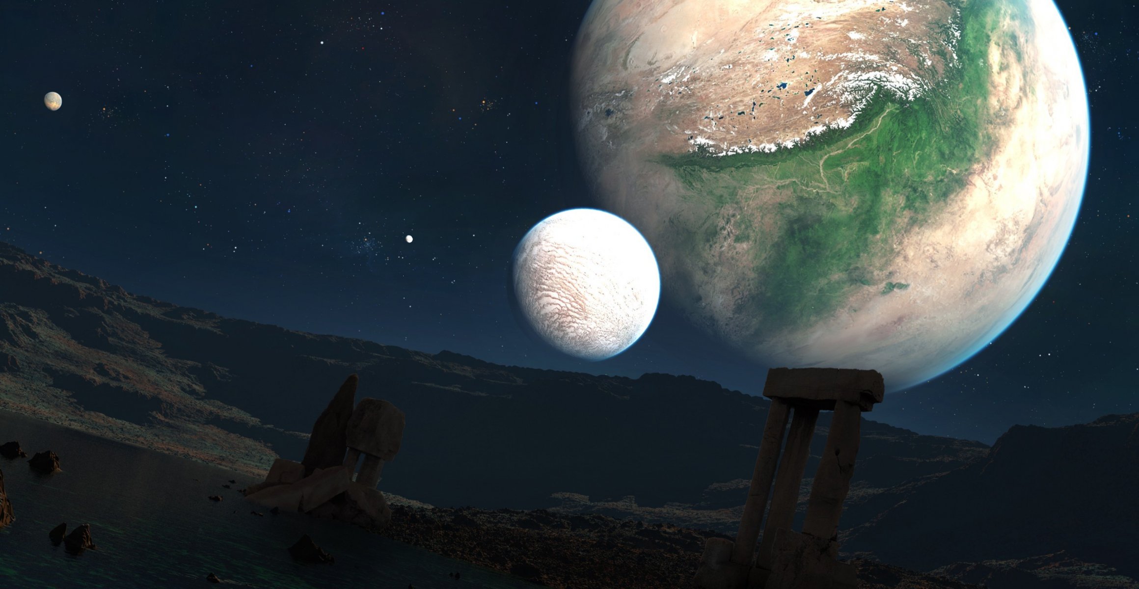 world star landscape ruins column triomphe lake rock stones