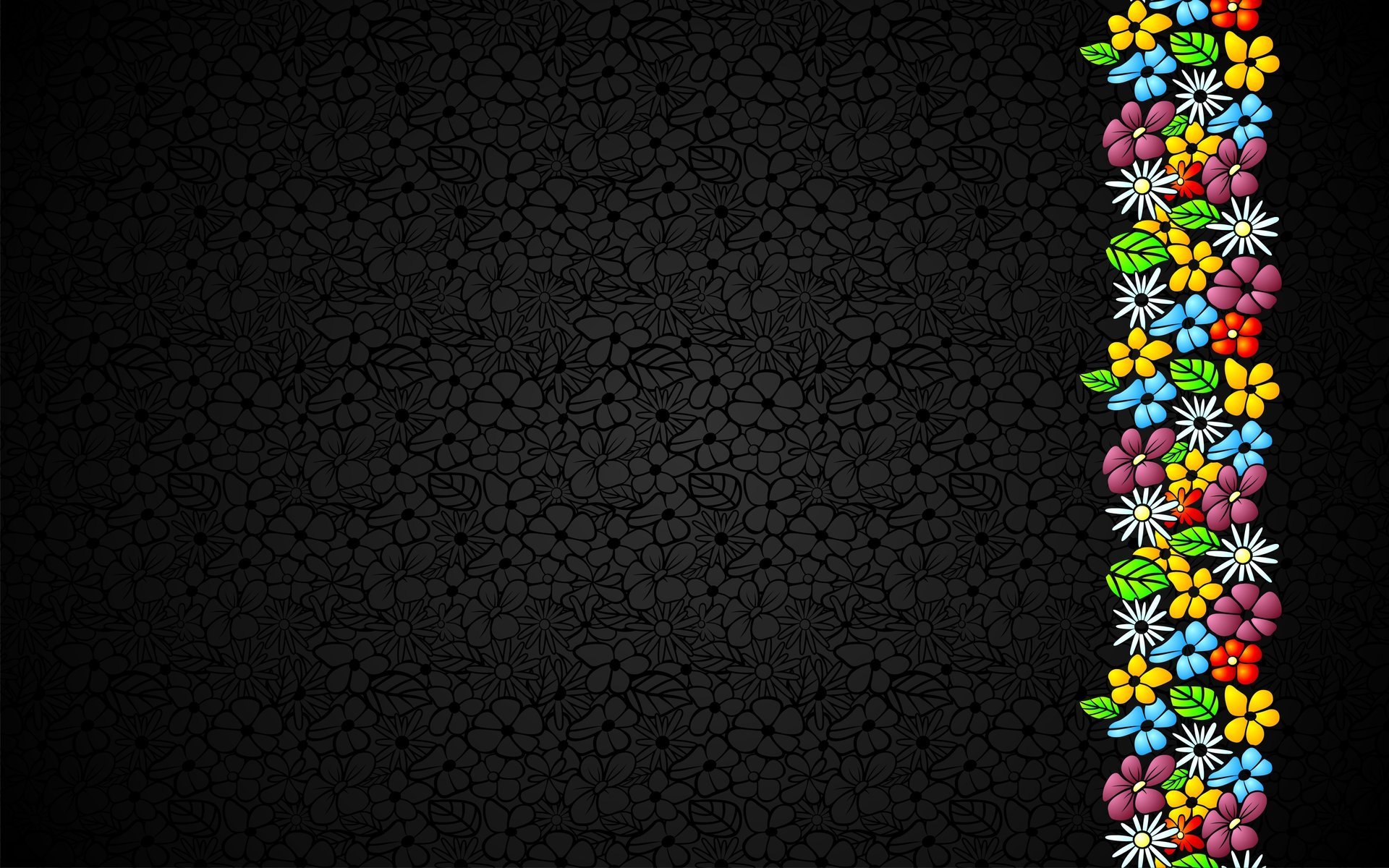 Black texture with flowers, a band of multicolored flowers