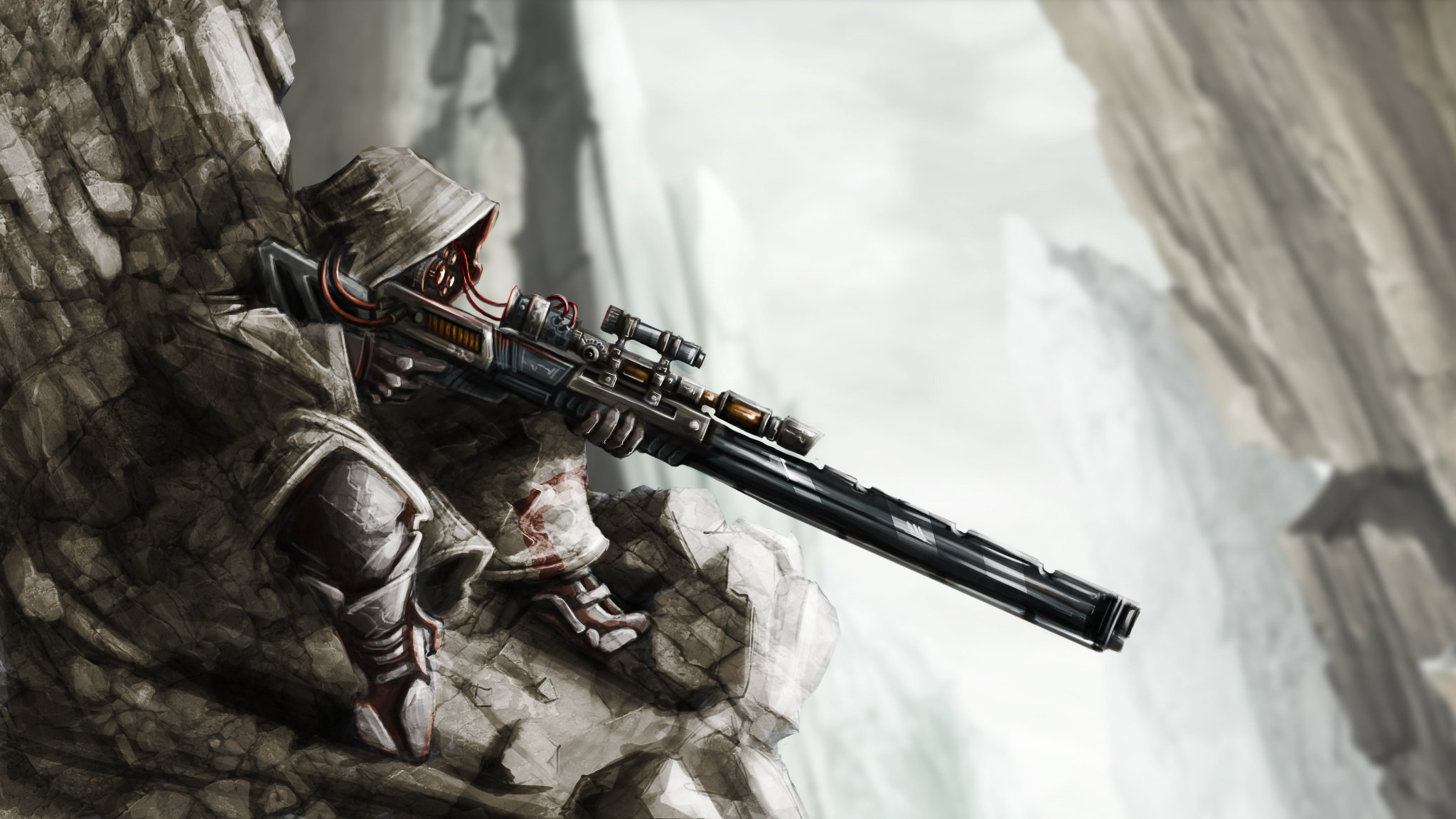 A hooded sniper on the rocks with a rifle