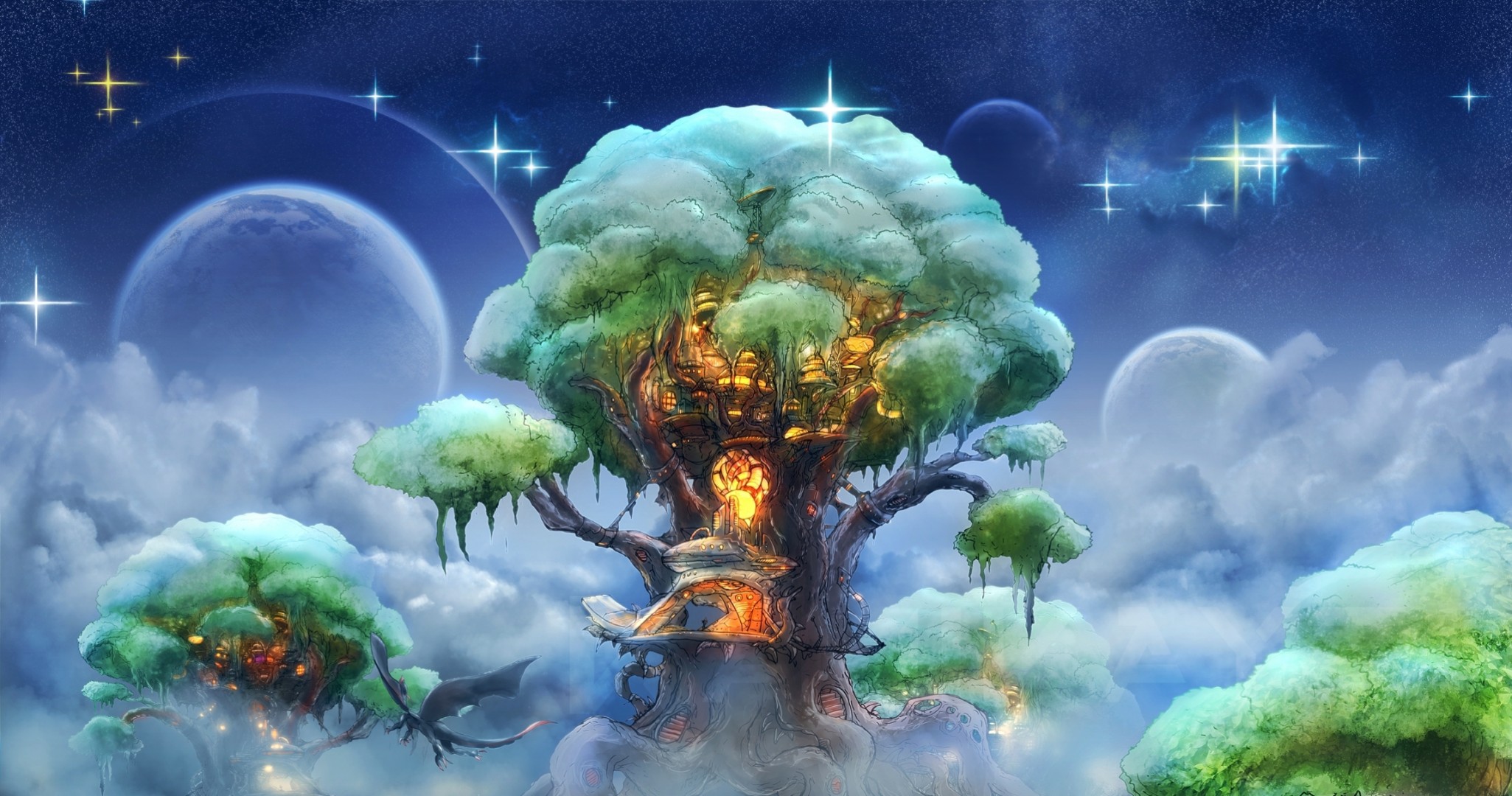sky planet art house style fantasy tree kamikaye flet elven forest dragon clouds