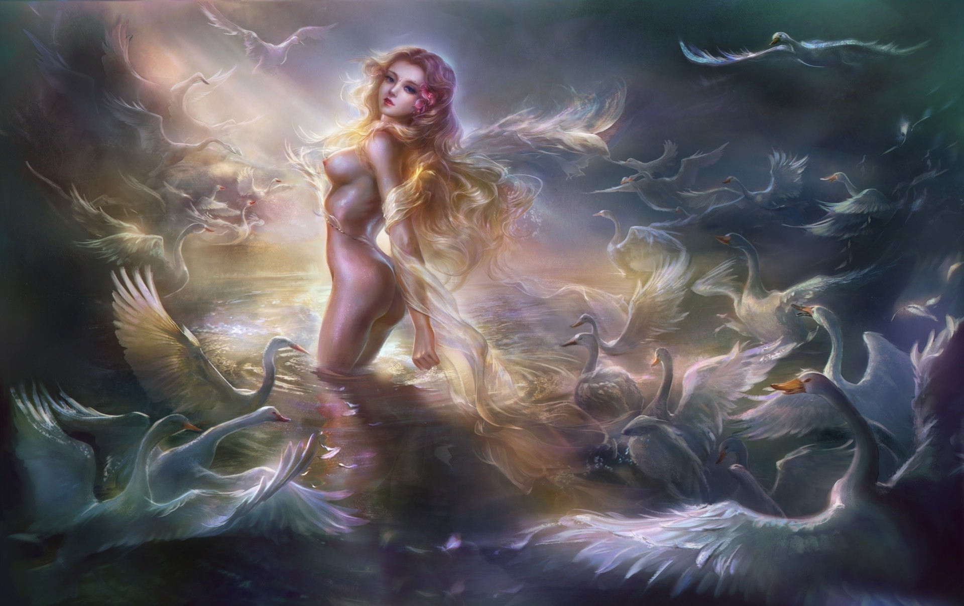 flower girl lake light breasts naked art swans birds