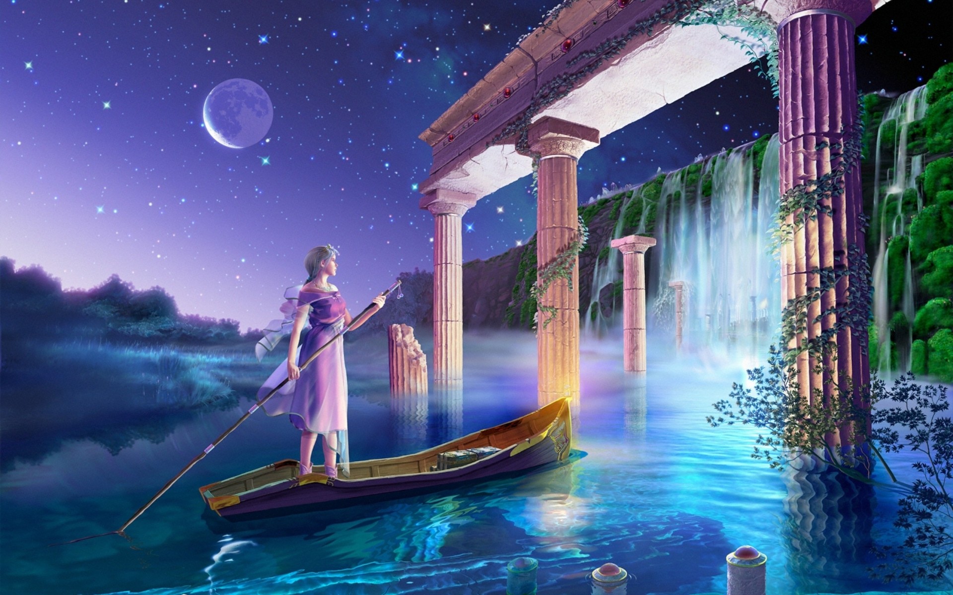 future reflections moon gate fantasy yutaka kagayya sci-fi girl town column before dawn princess concept wave arch water return of the princess 's palace sunrise earth waterfall fiction boat river