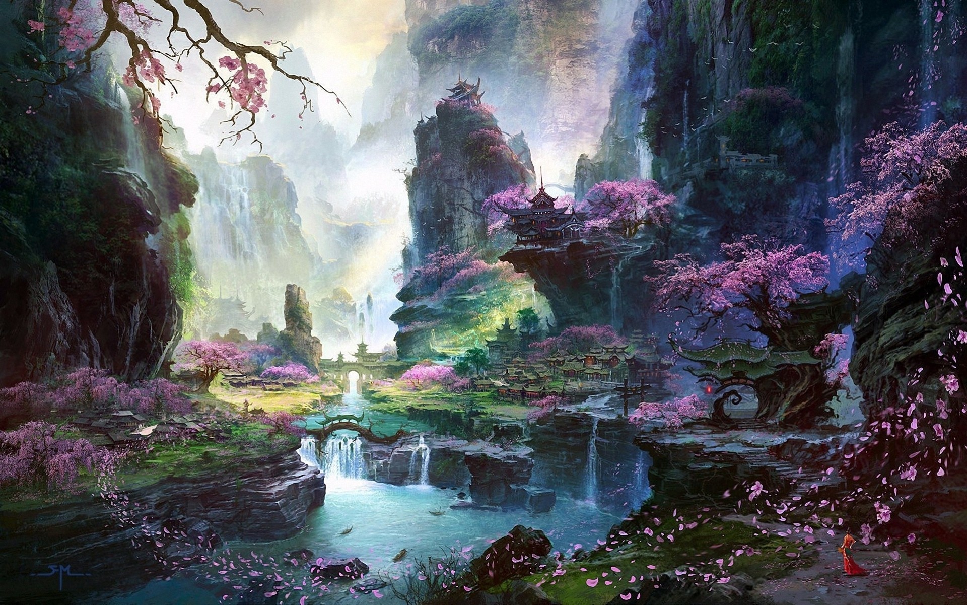temple art landscape girl waterfall river asia tree rock sakura mountain petals