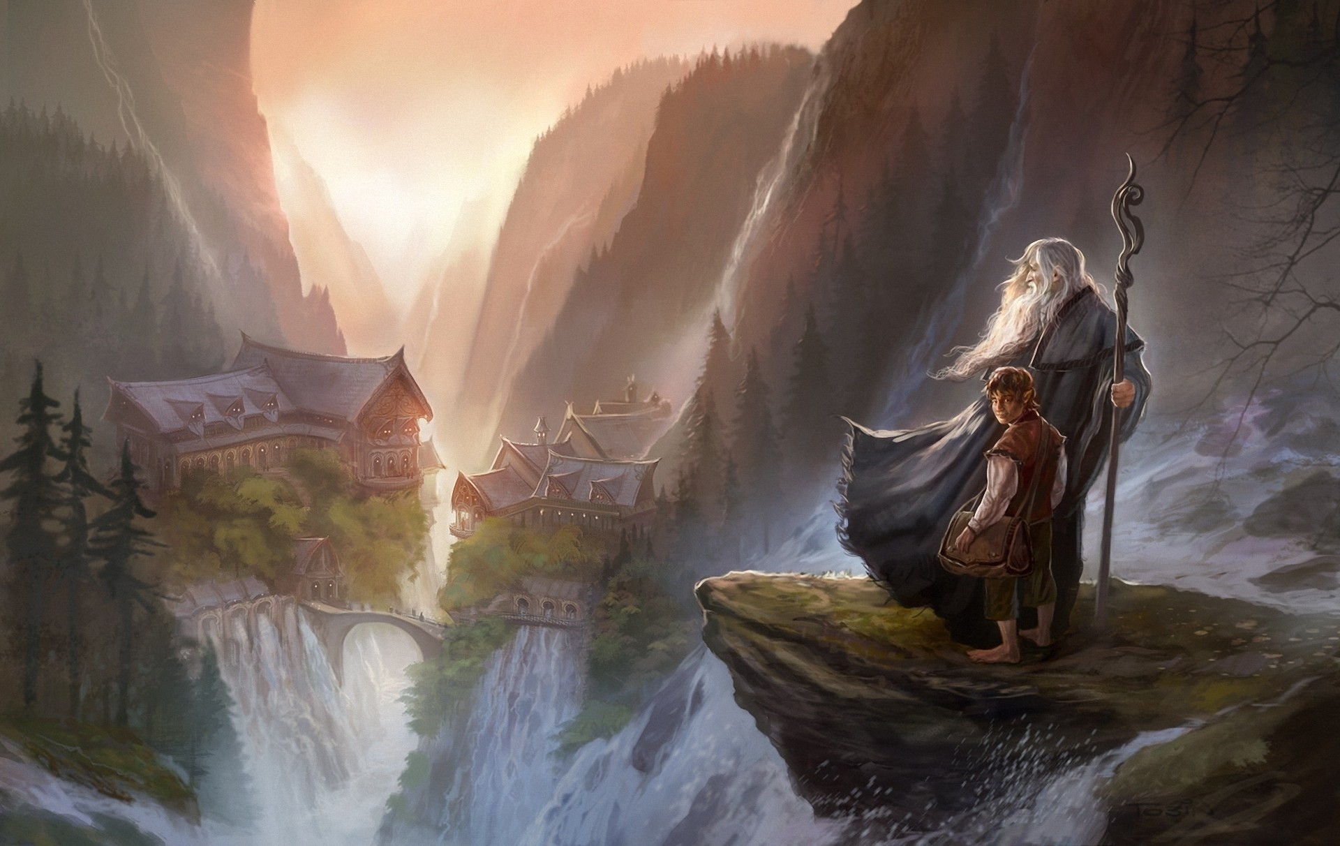 art magician lord of the rings bilbo rivendell town gandalf valley hobbies waterfalls mountain unexpected journey rock