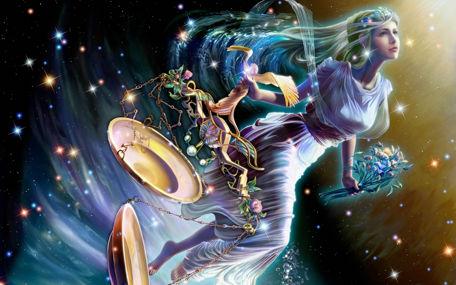 flower fantasy zodiac constellation yutaka kagayya sci-fi girl beautiful space equity night bouquet the goddess of justice scale dam scales northern lights