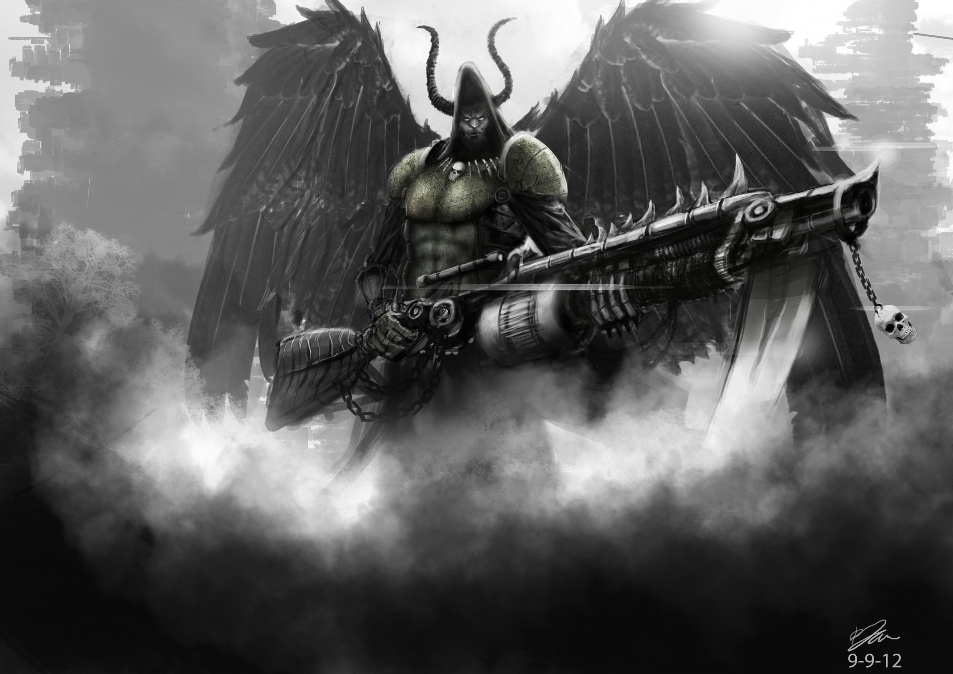 art weapon man hood flamethrower horn angel of death wings