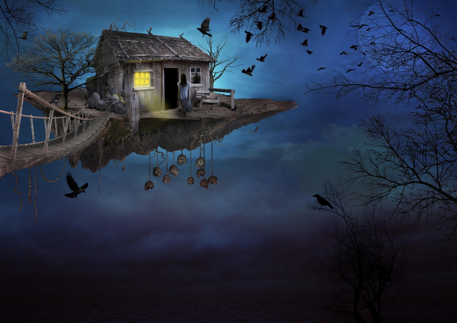 fantasy girl bridge island fantasmogoriya house art sky birds