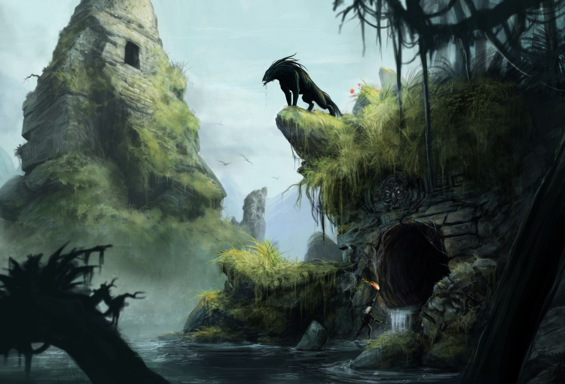 art pond grass abandonment water monster ruins moe rock caves