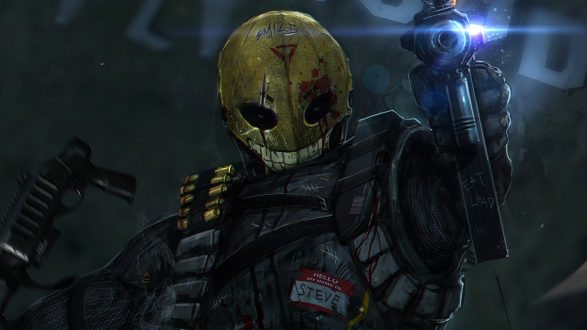 shootout art weapon men wounded man steve mask blood machine