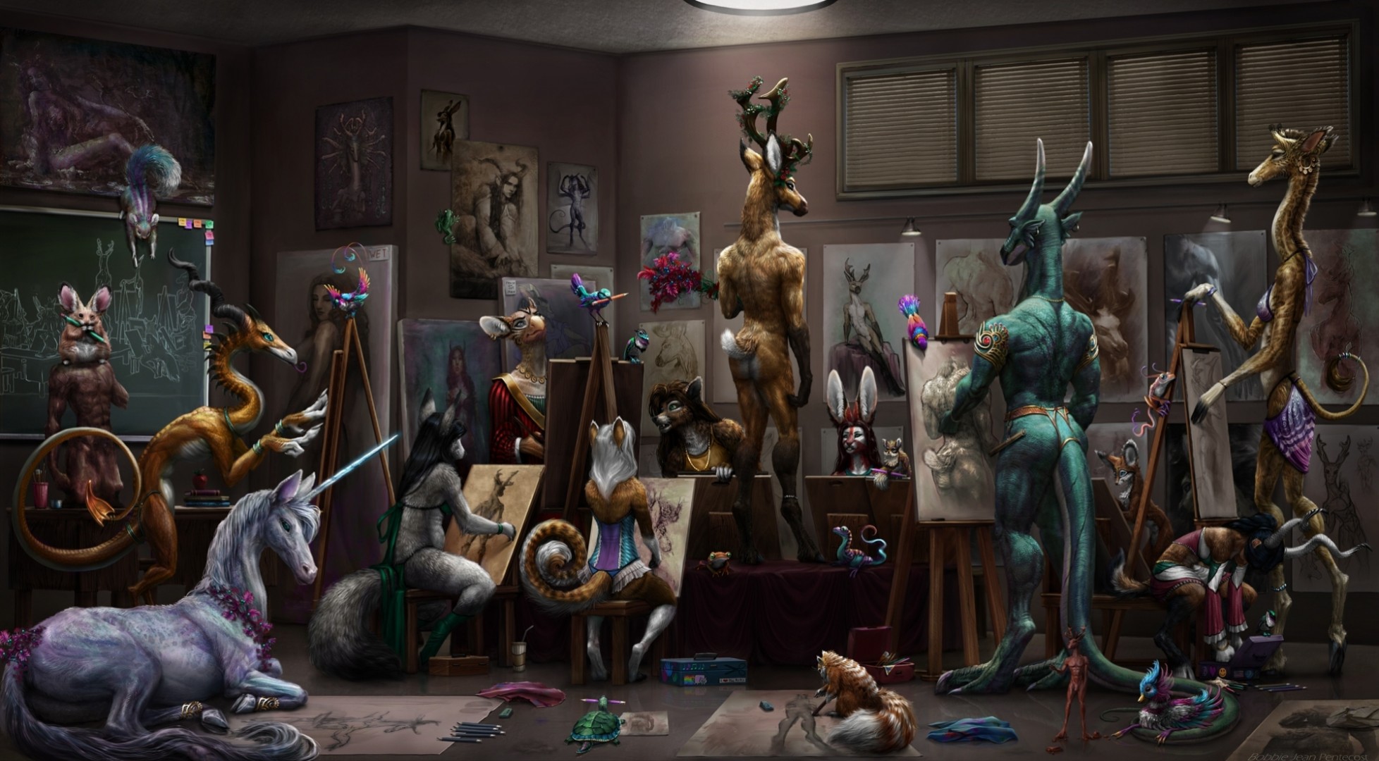 sitter easel picture painting animals reindeer unicorn nature magic