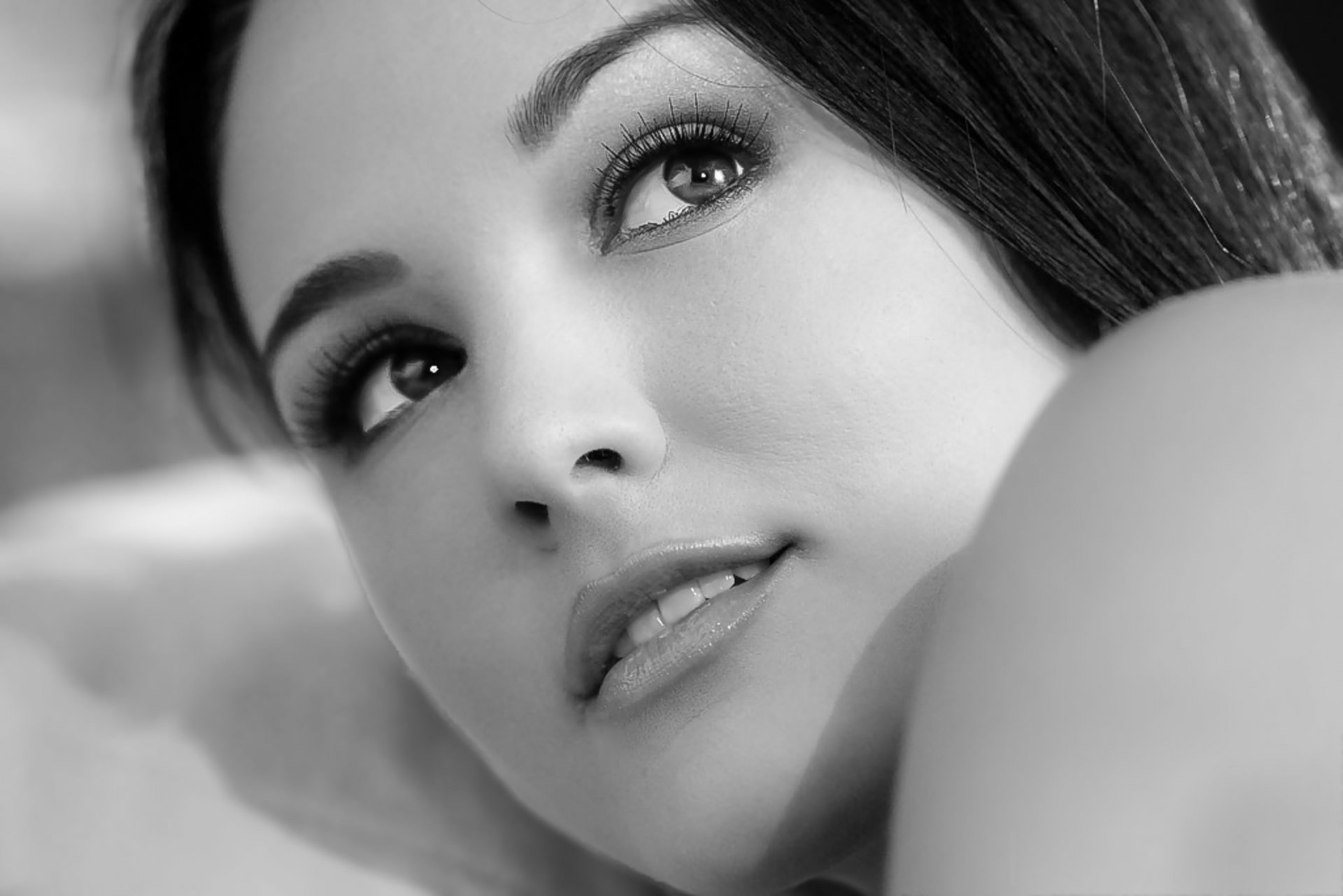 girl black and white face view eyelash hair lips shoulders