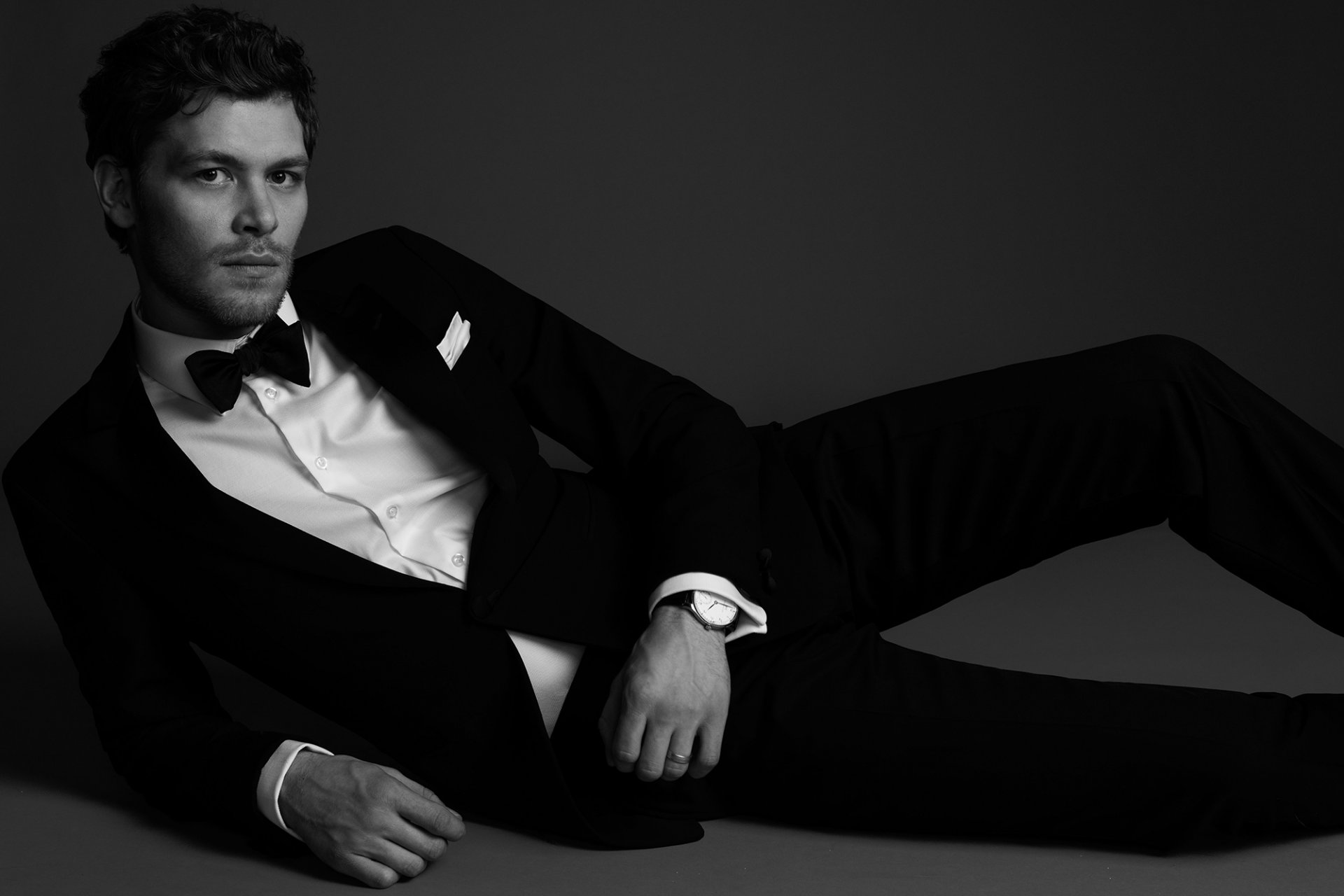 joseph morgan men tuxedo suit butterfly black and white actor is pose watches jacket pants