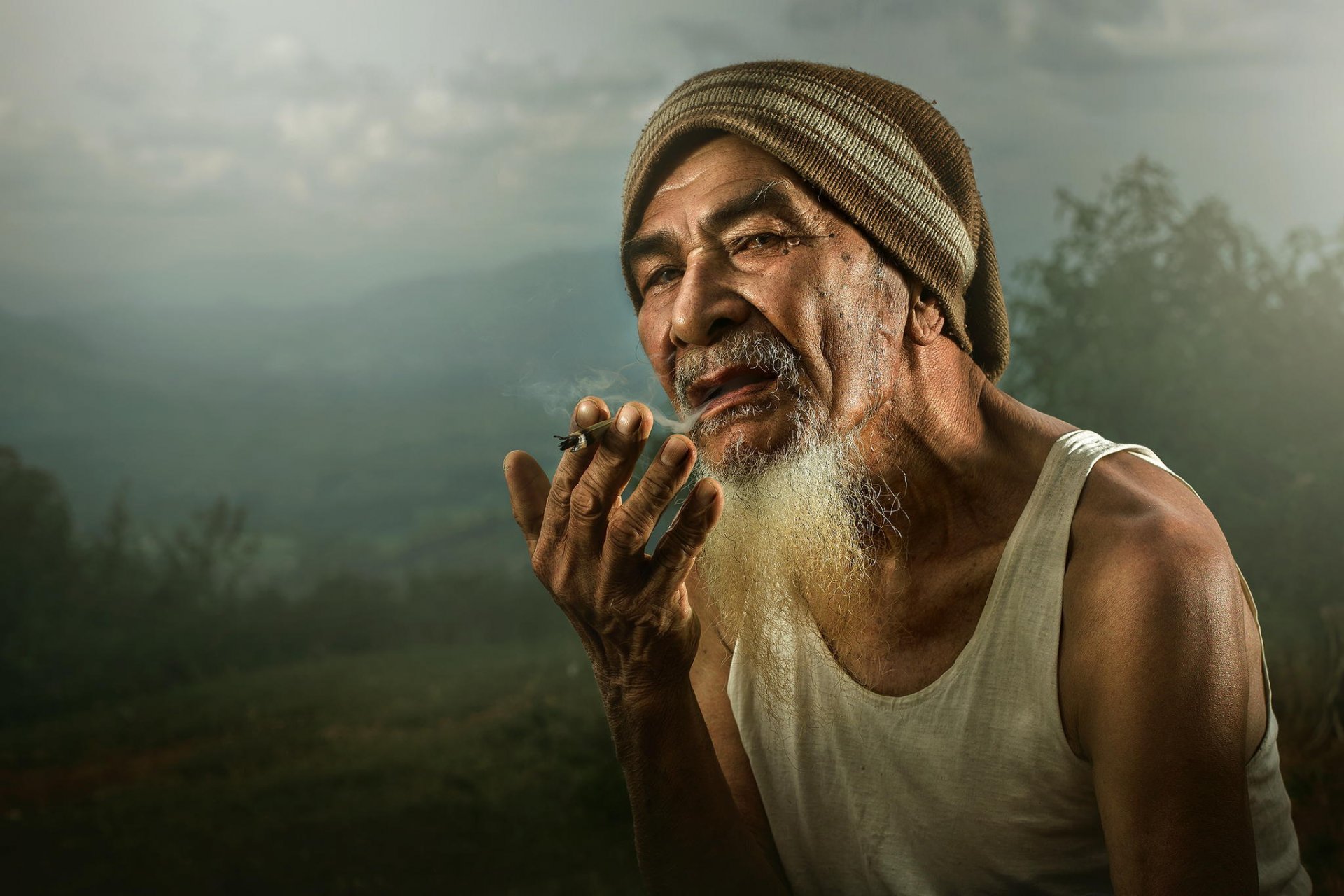 old man cool beard asian smoking eyes look hat hand badass fingers old smoke cigarette view jersey watches hd
