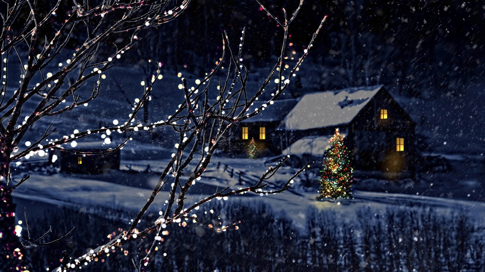 New Year's Winter night with lanterns near houses and fir trees