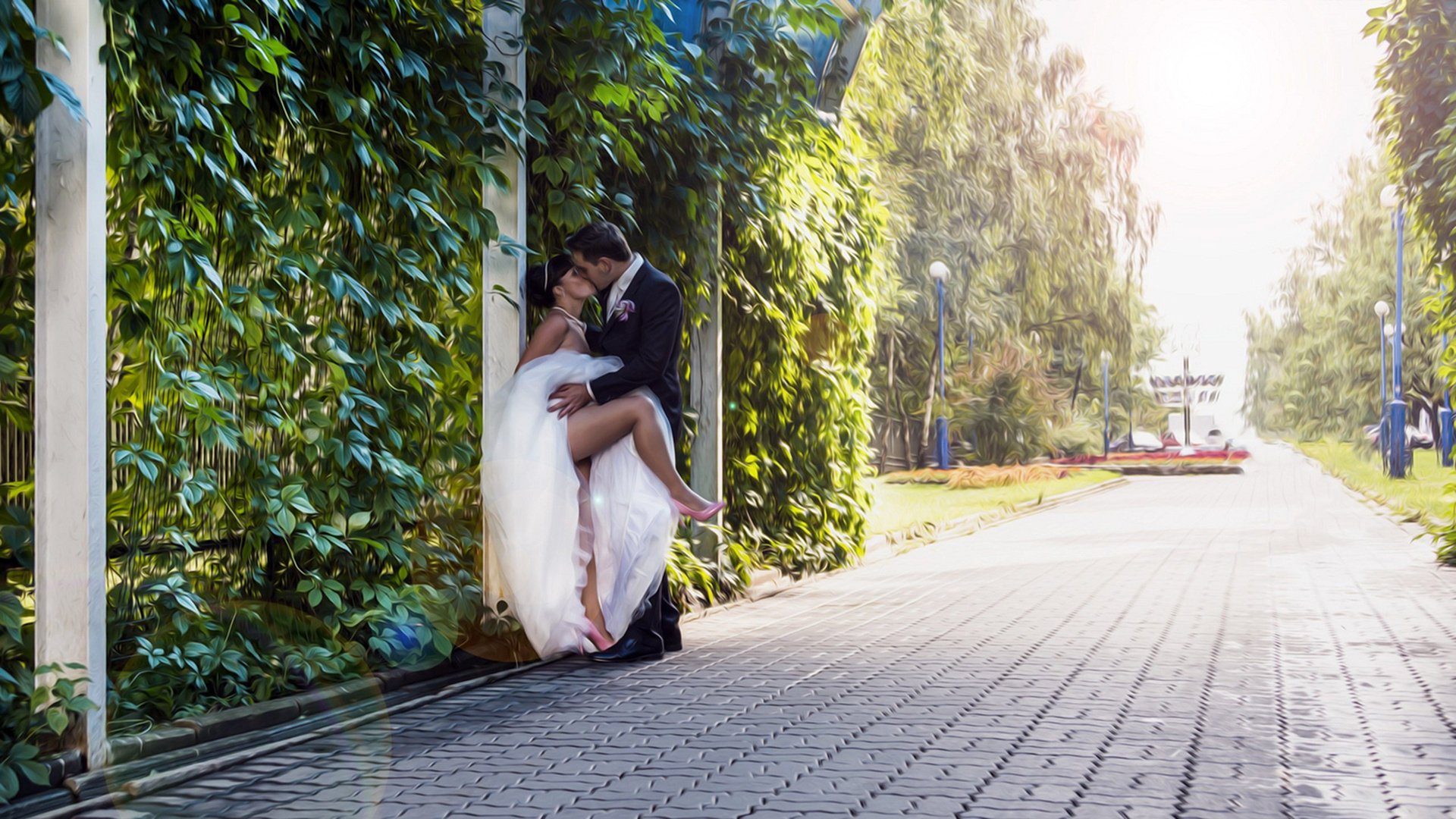 Newlyweds passionately kiss at their wedding on the road