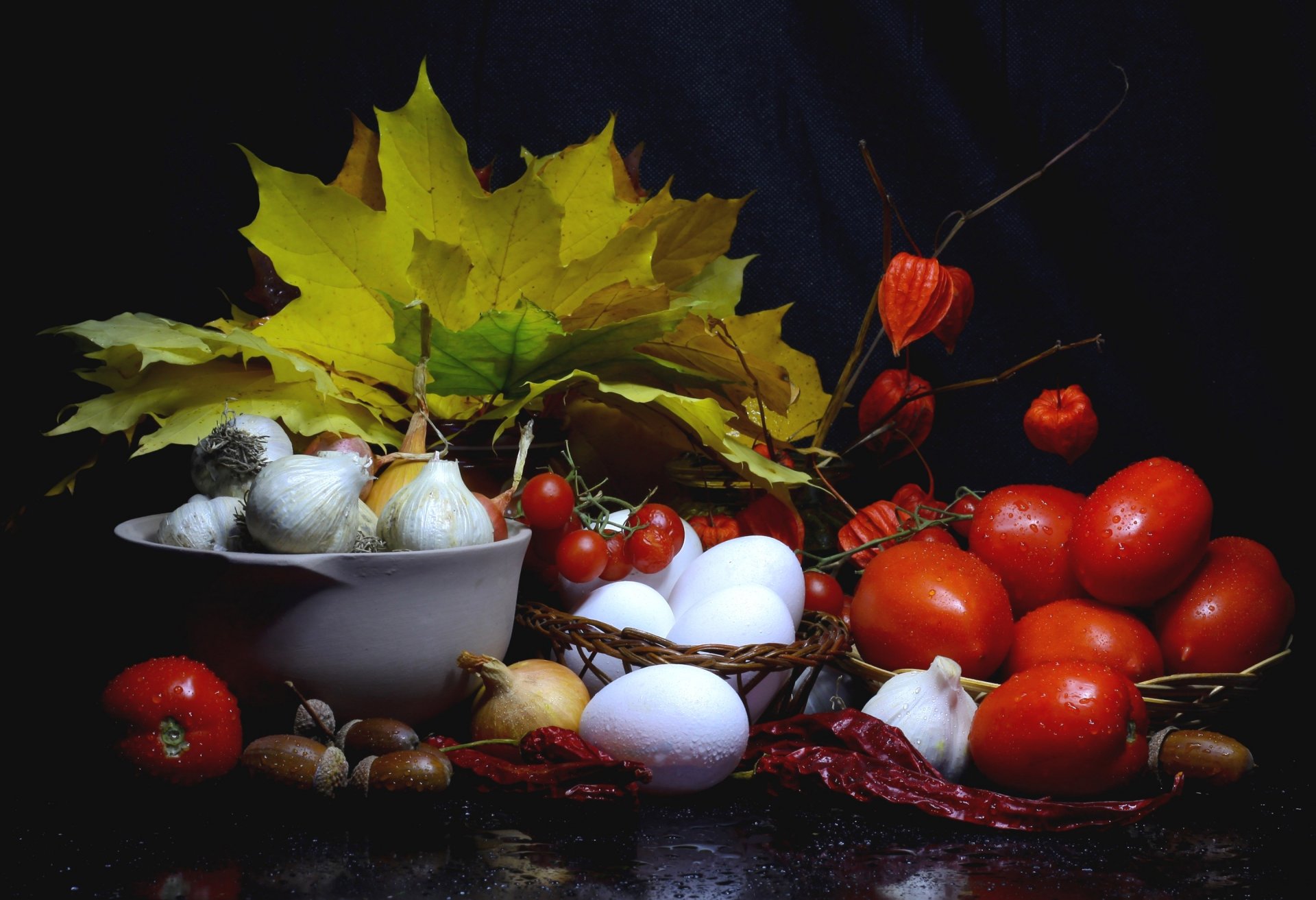 still life autumn leaves vintage tomatoes garlic torment pepper acorns eggs