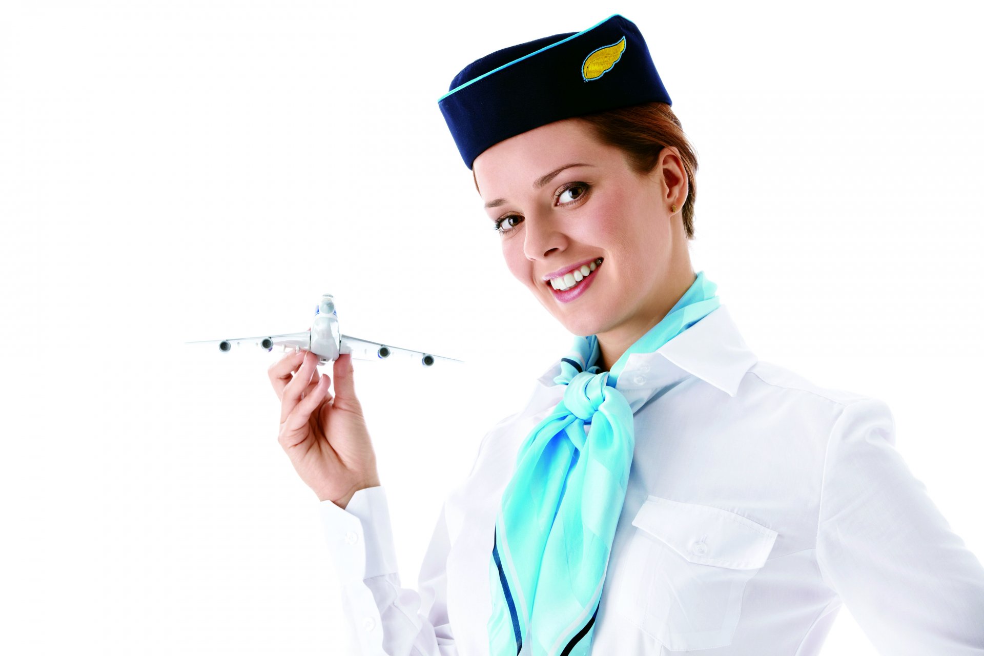 style stewardess beautiful uniforms smile positive to hand model toy aircraft white background ✈.