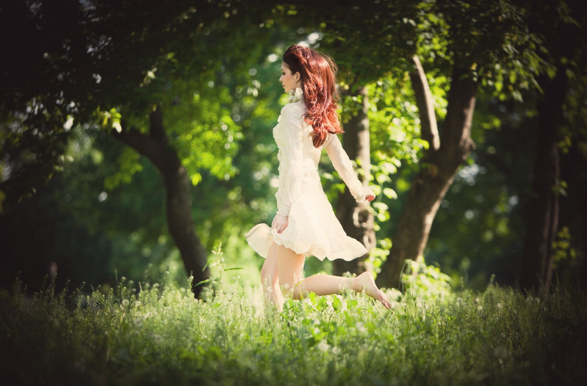 mood girl a woman running walk dress red grass green nature blur tree background wallpaper widescreen full screen hd wallpapers