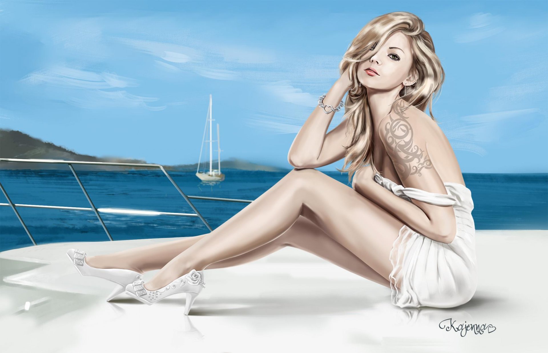 art . girl view blonde white dress feet shoes sea yacht