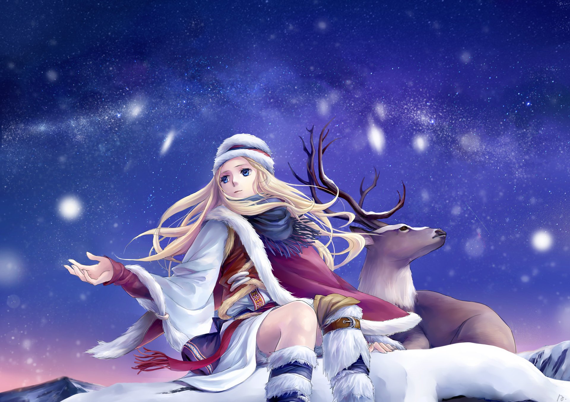 Winter anime, a girl and a deer