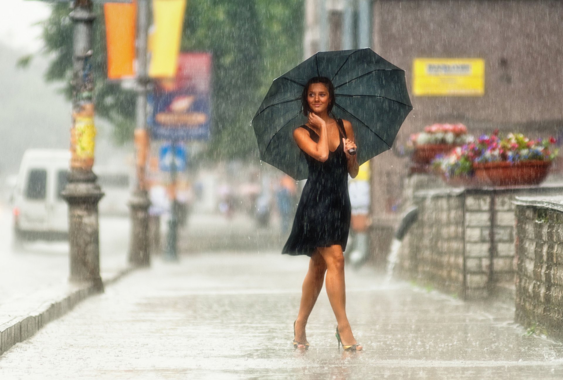 rain town street mood girl smile photo focus beauty brunette feets legs walk umbrella shoes dress city wallpaper hd