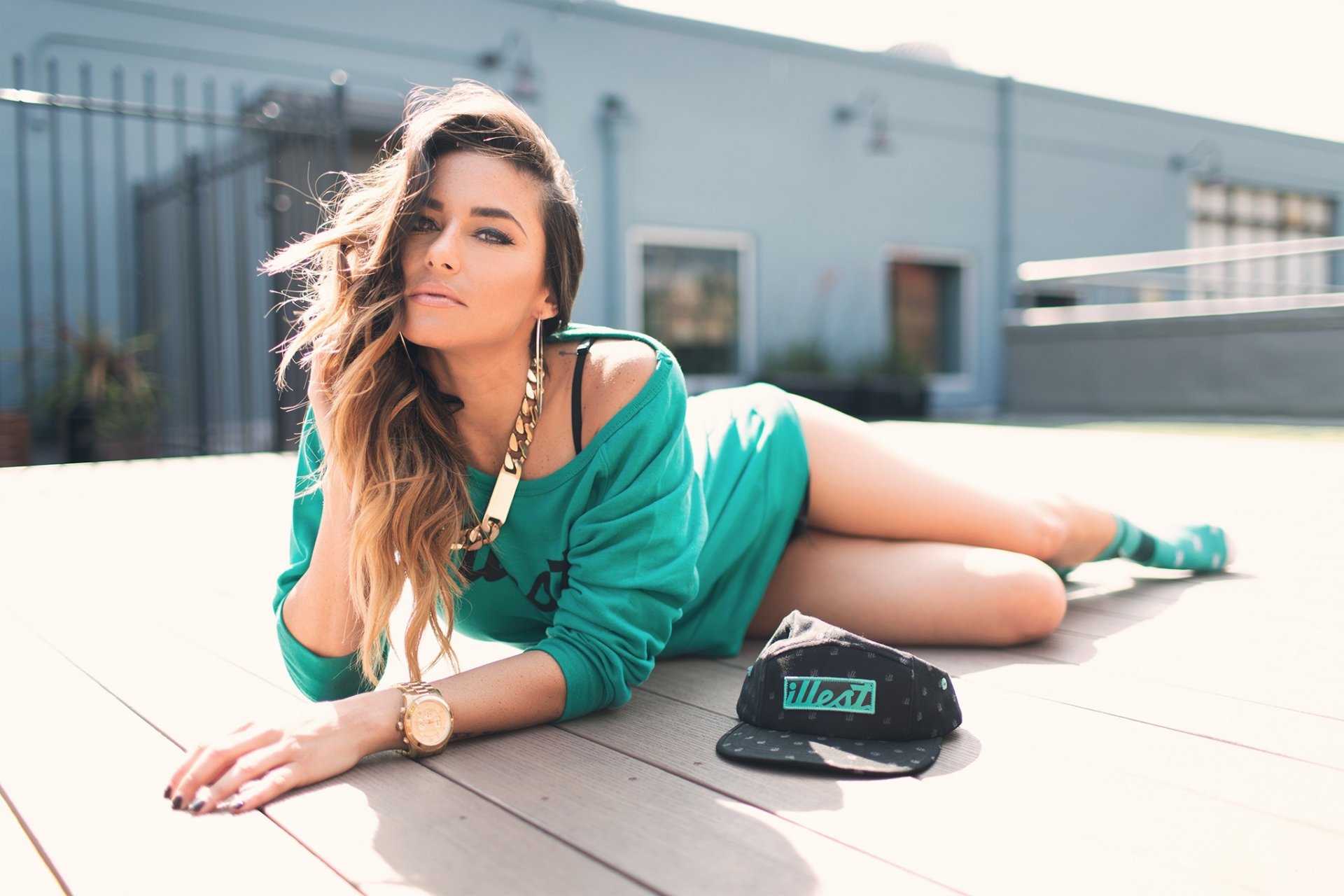 girl brunette dress green watches string