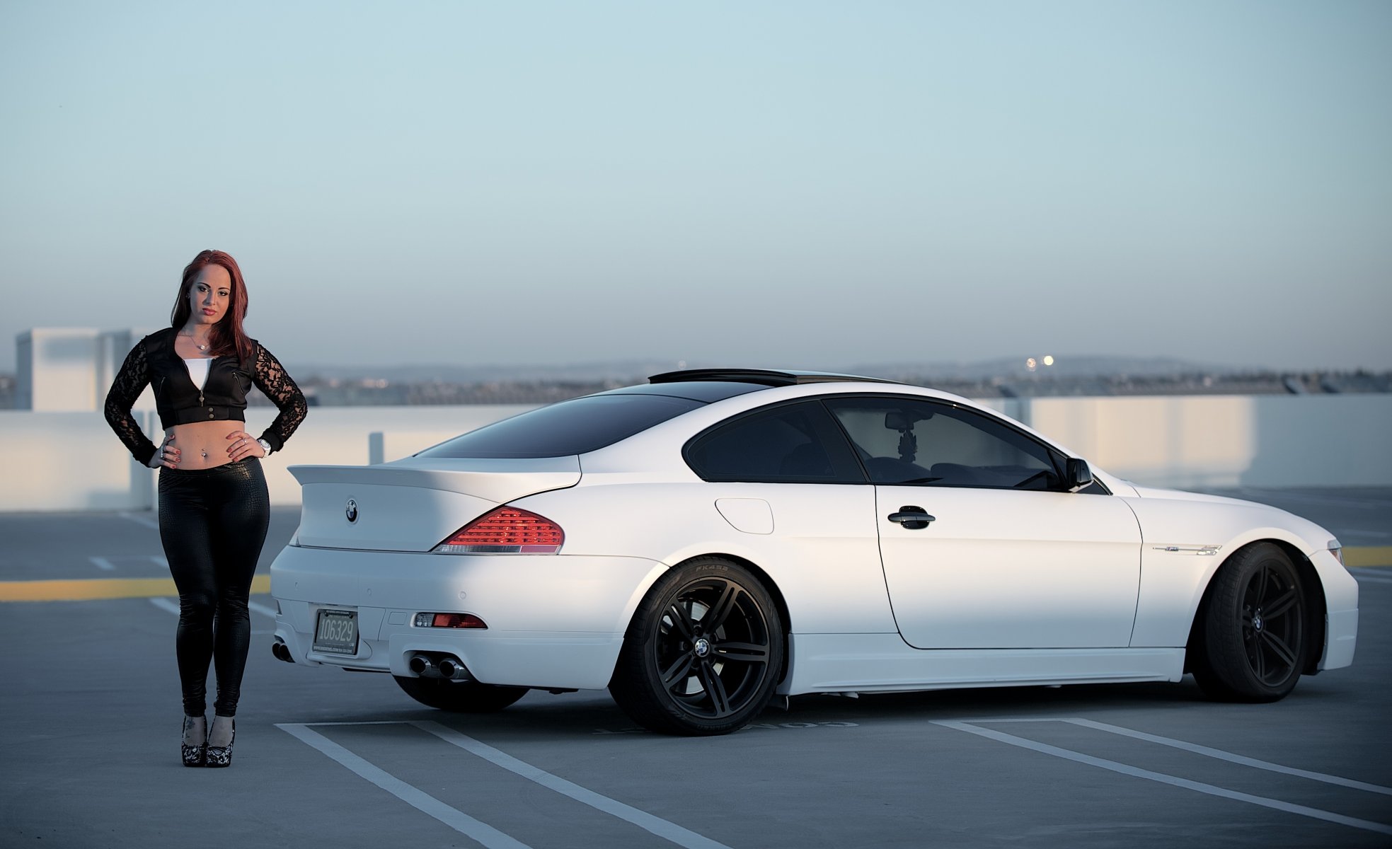 bmw m6 e63 black wheels girl white drives parking roof sky
