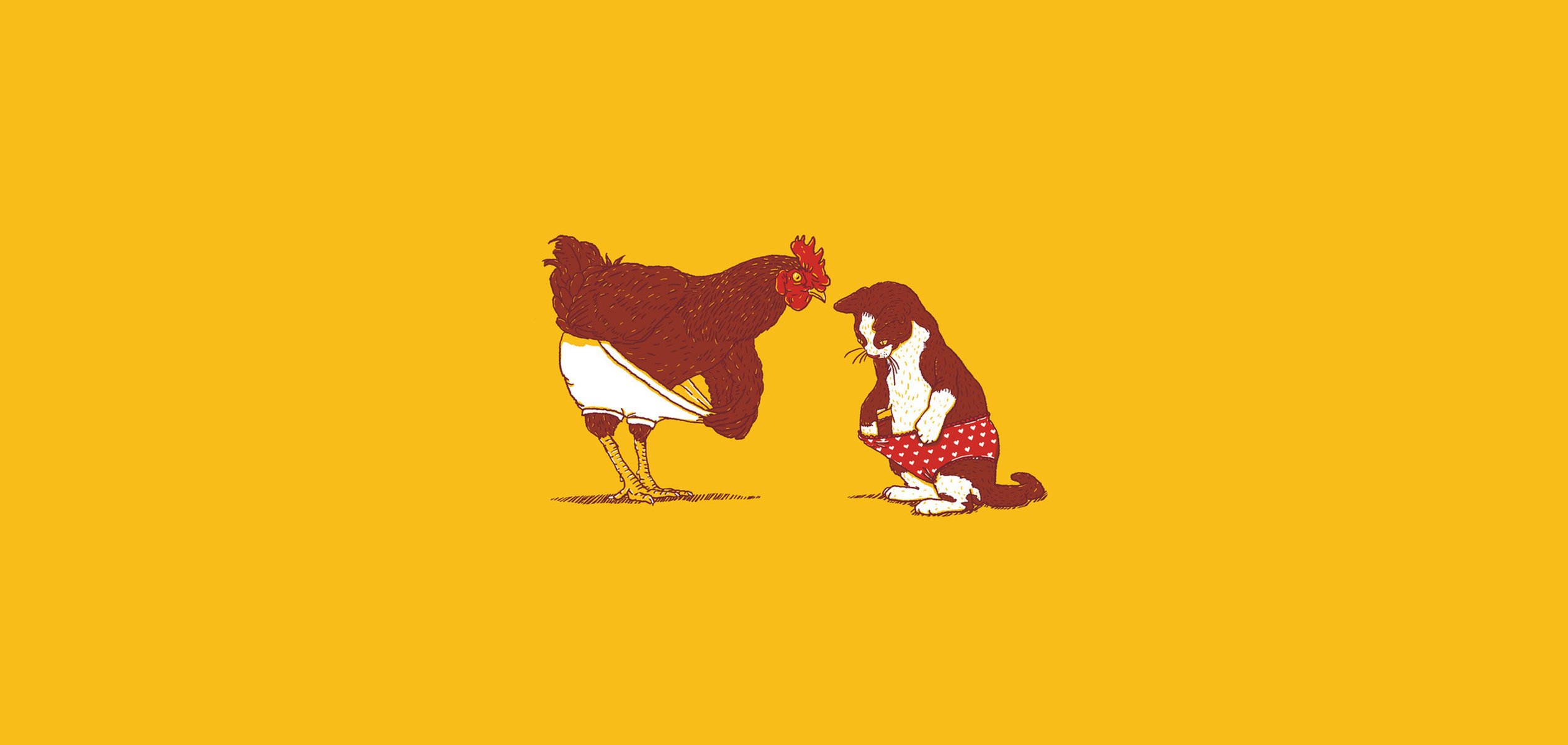 Cock and cat in underpants on a yellow background