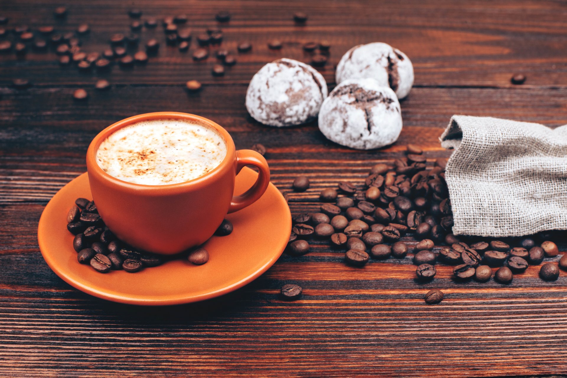 food coffee cappuccino morning table cup bag coffee shop grain candy yum-yum background blur bokeh wallpaper.